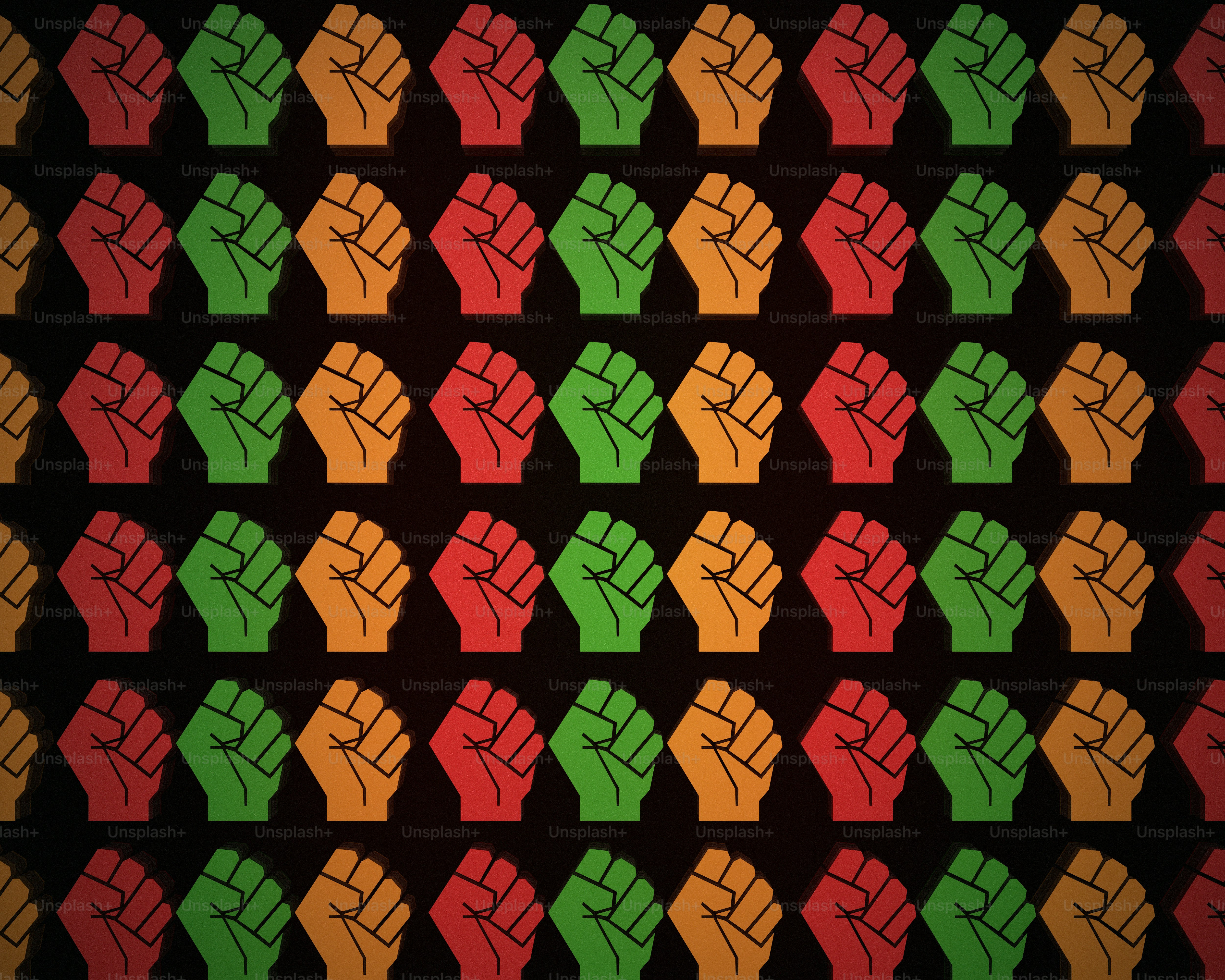 Repeating pattern of raised fists in red, green, and orange