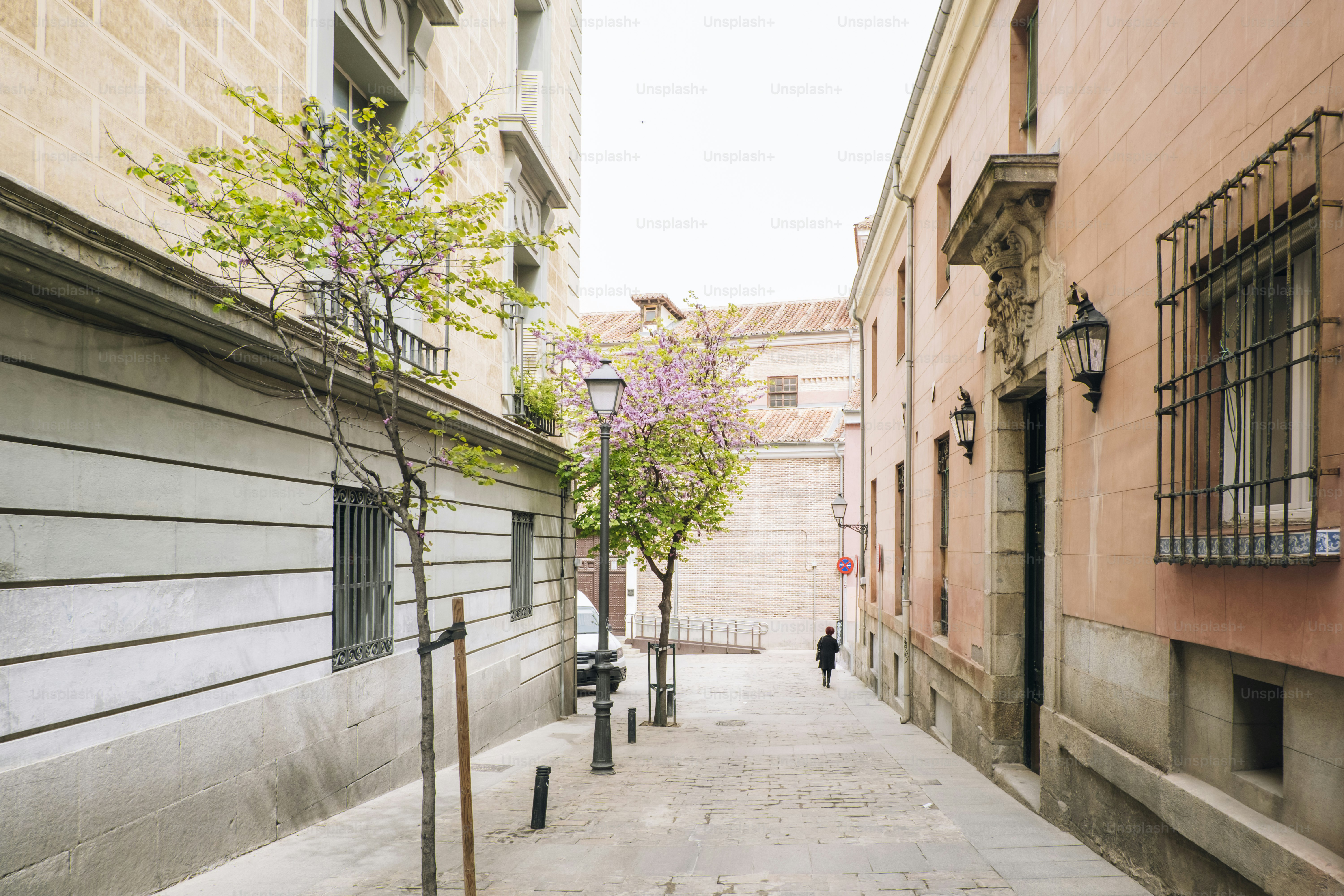 Uma rua estreita de paralelepípedos com prédios e árvores.
