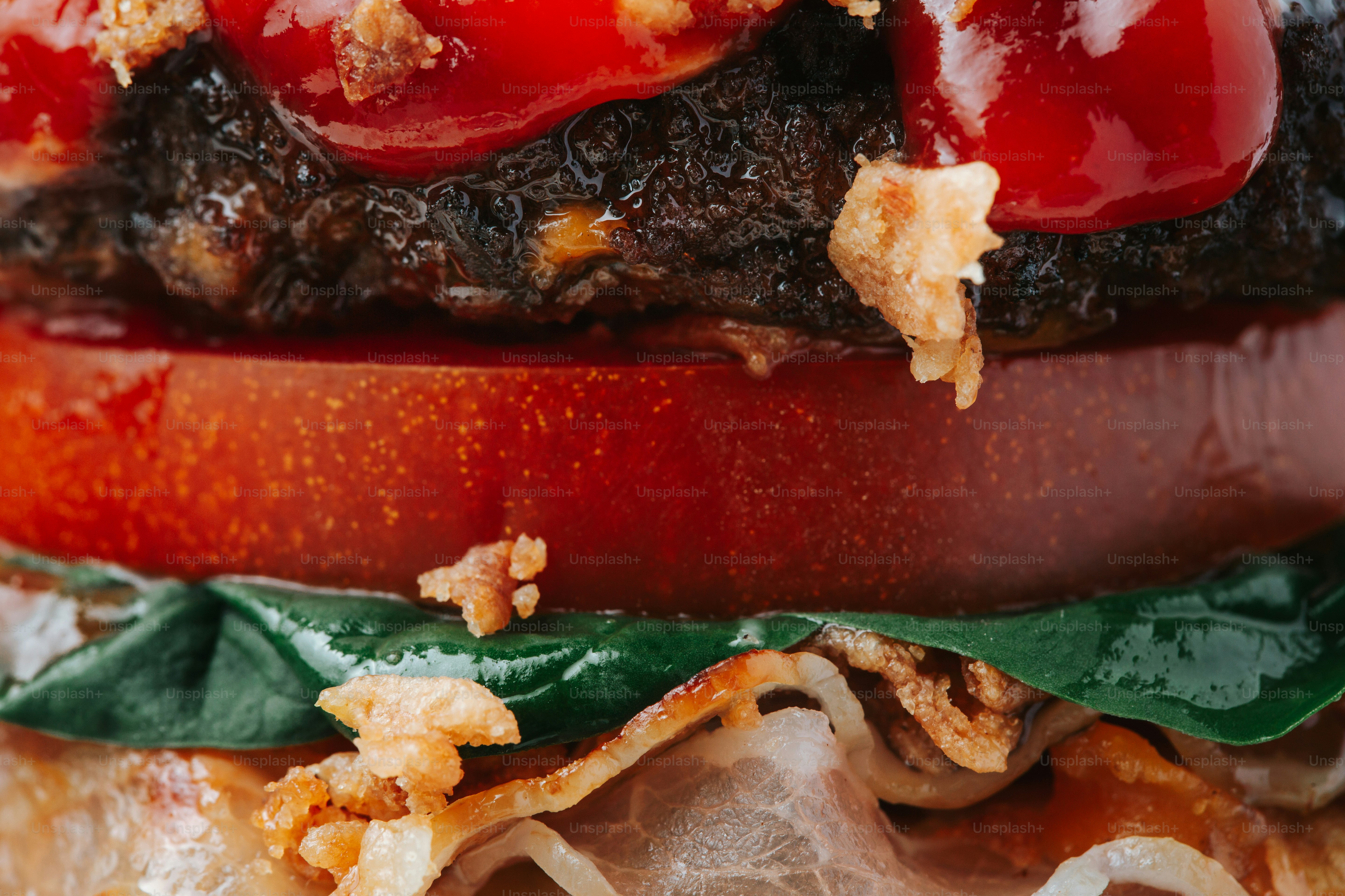 Close-up of a juicy burger with toppings