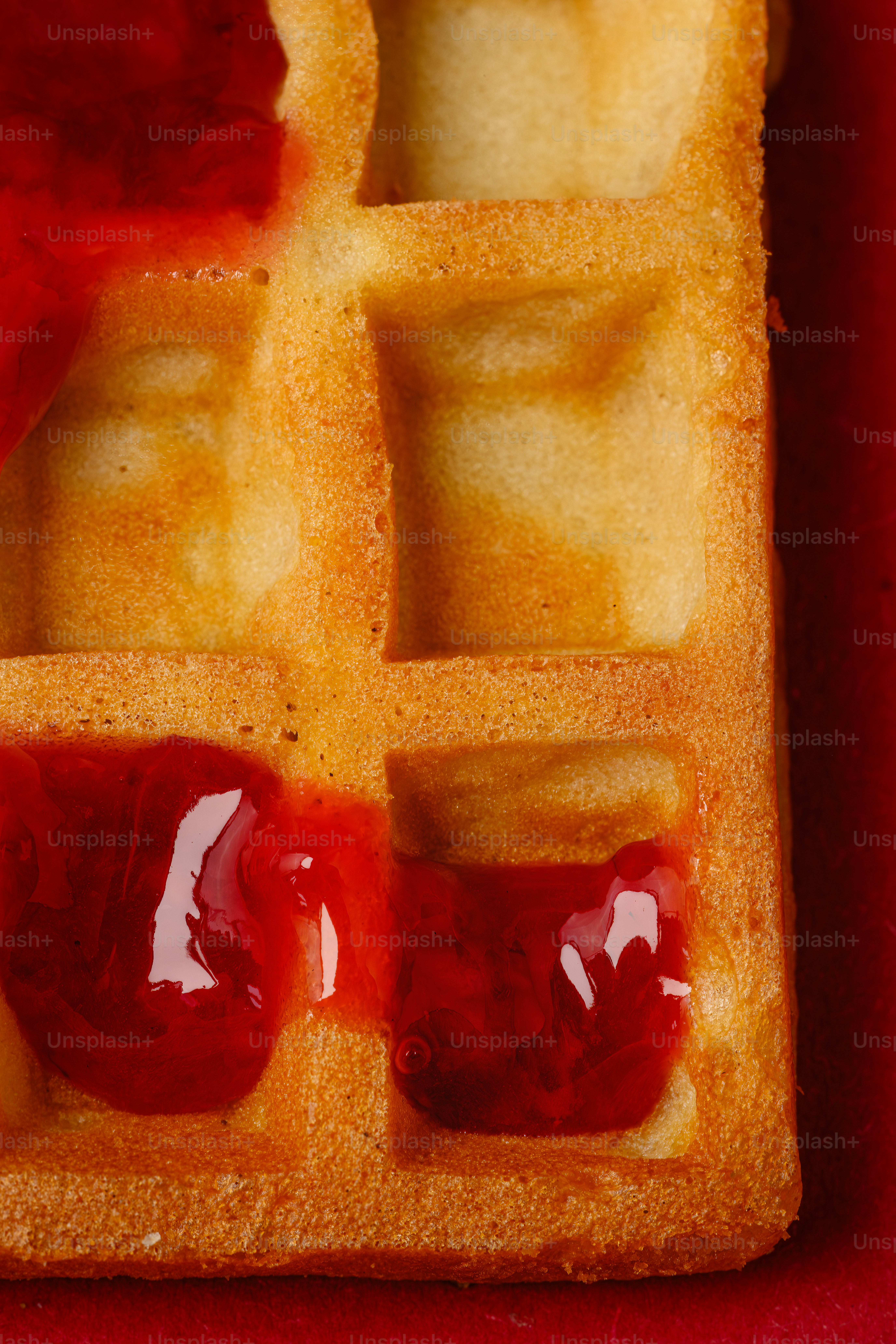 Eine goldene Waffel mit roter Marmelade in Quadraten
