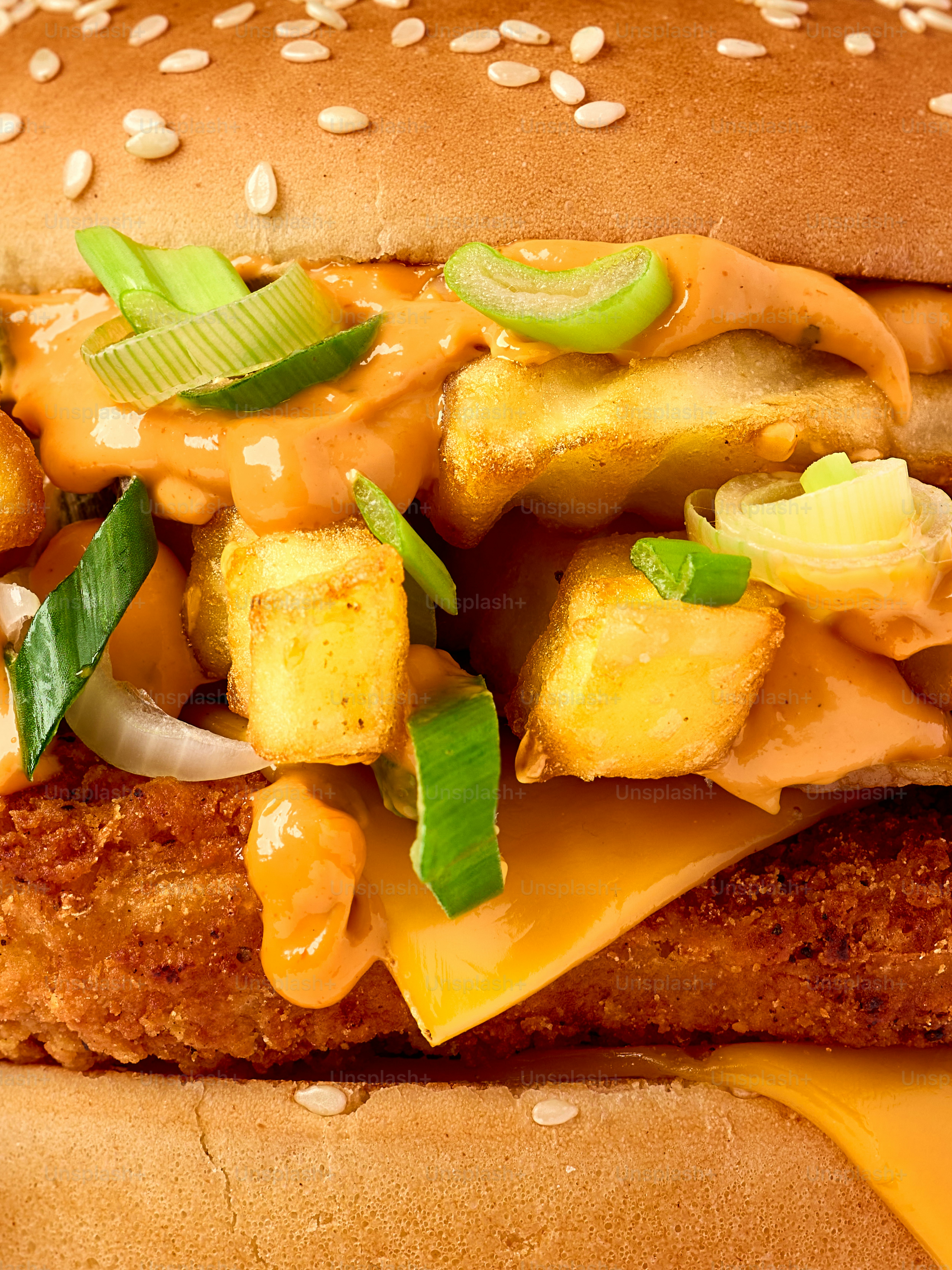 Un gros plan d’un délicieux burger avec des frites et du fromage