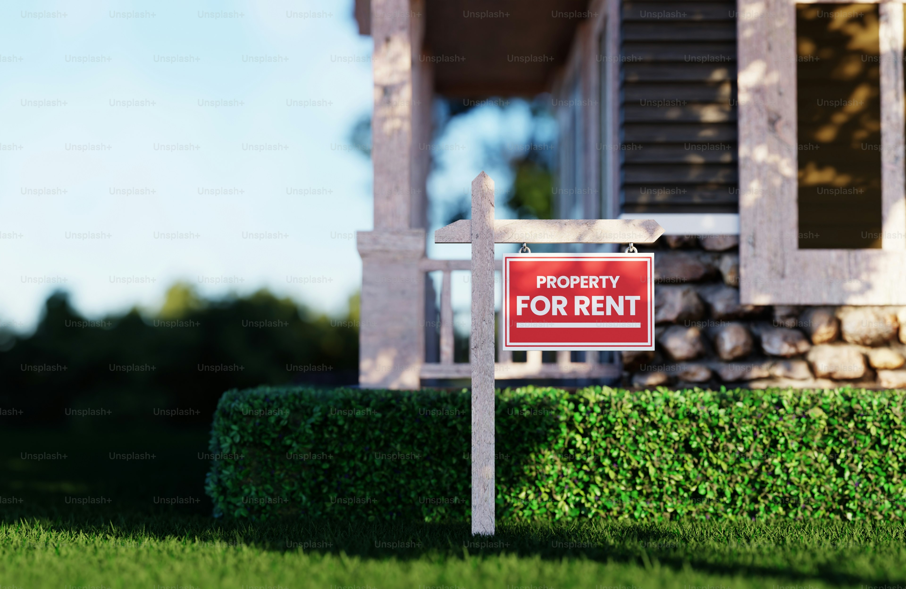 집 앞에 있는 빨간 '임대 중' 표지판.