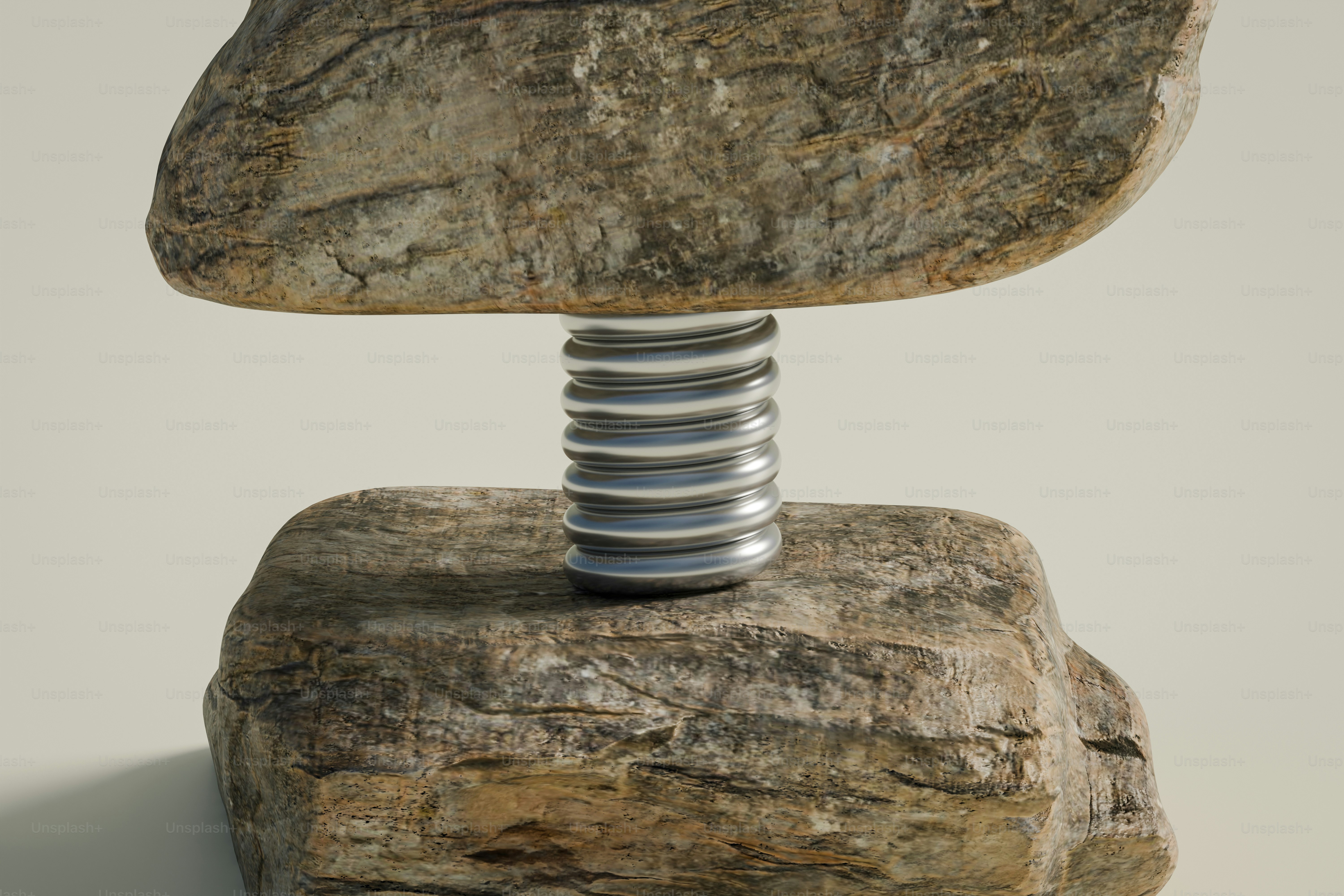 Dos rocas equilibradas sobre un muelle metálico