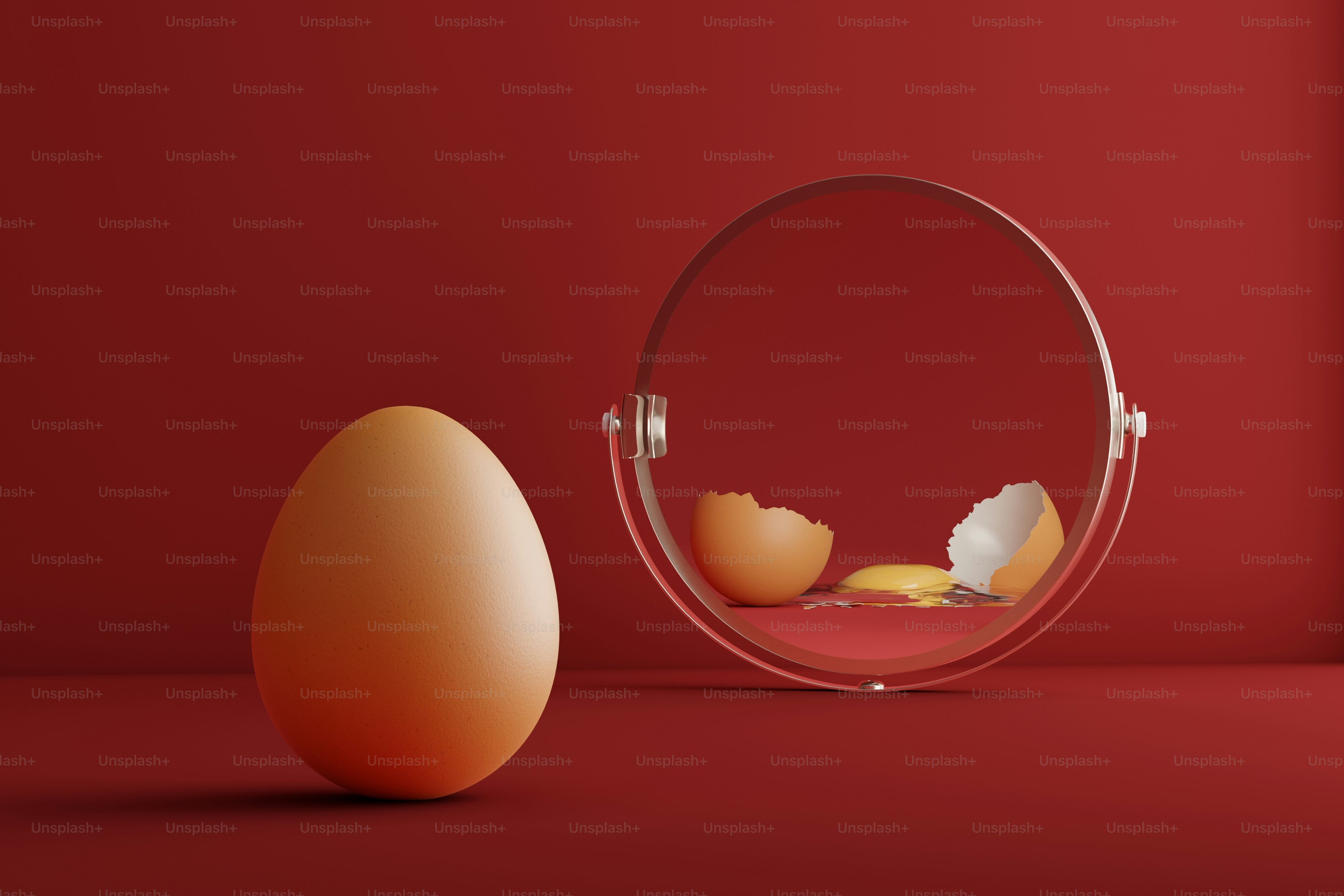 Telur utuh memantulkan telur pecah di cermin.