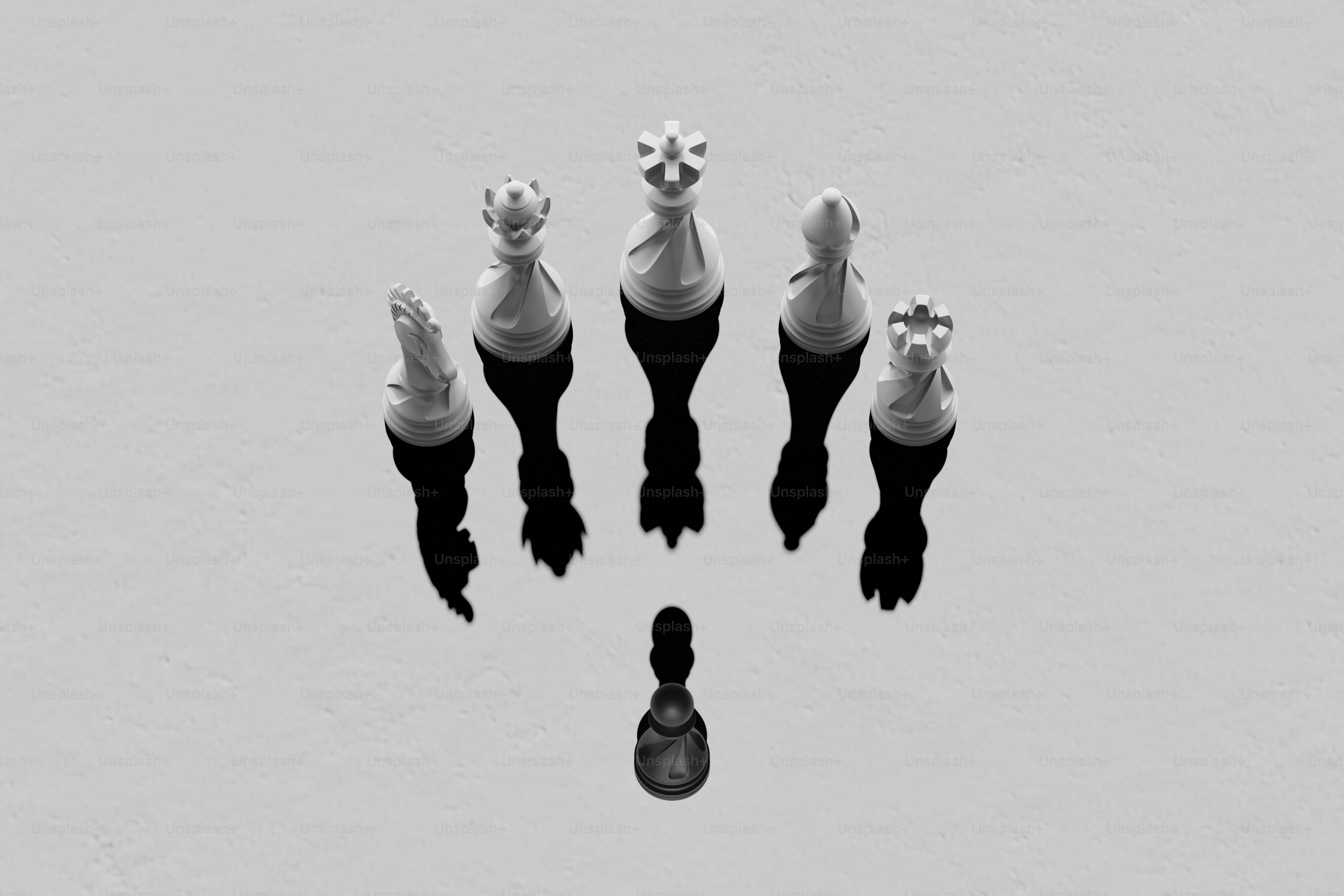 Beberapa bidak catur putih mengelilingi satu pion hitam.