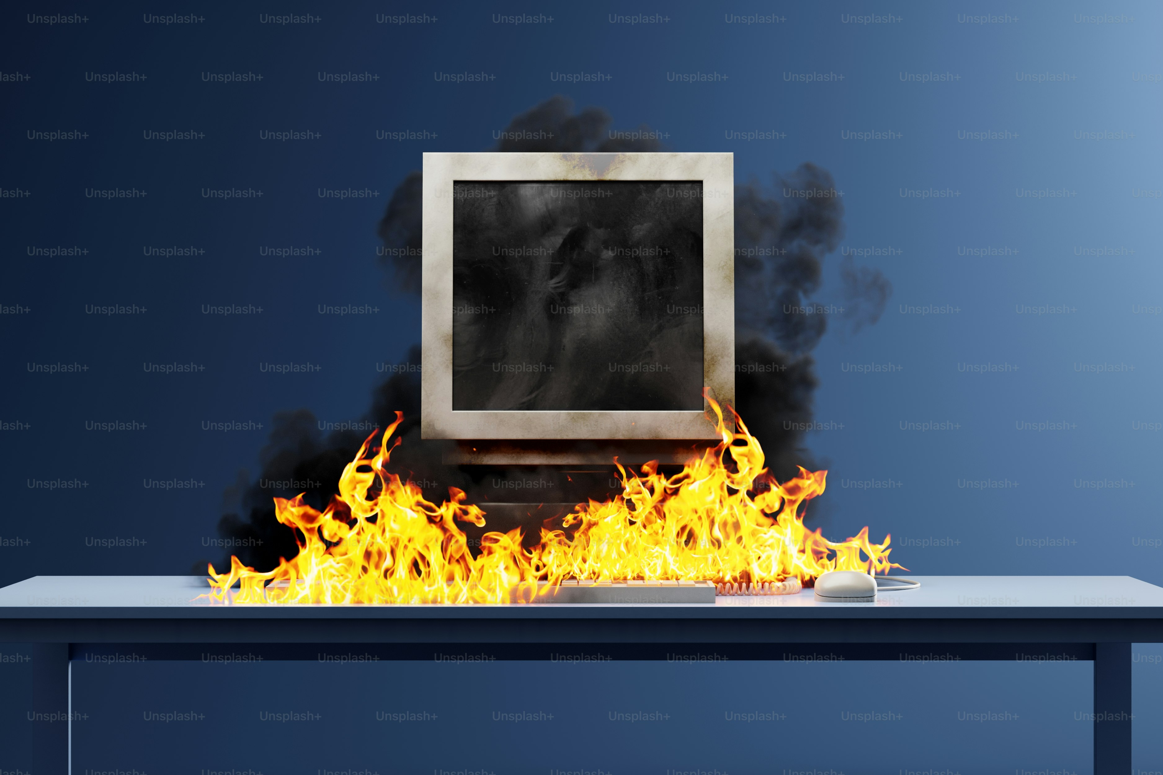 Monitor komputer terbakar dan mengeluarkan asap.