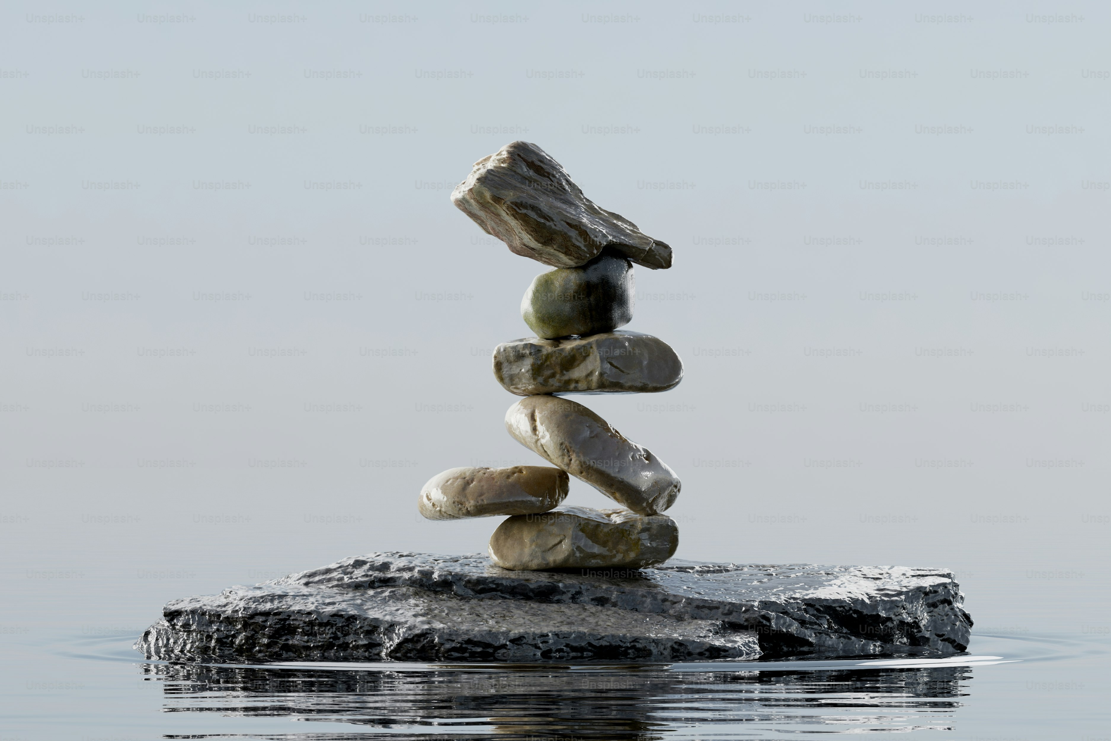 Tumpukan batu seimbang di atas batu basah.