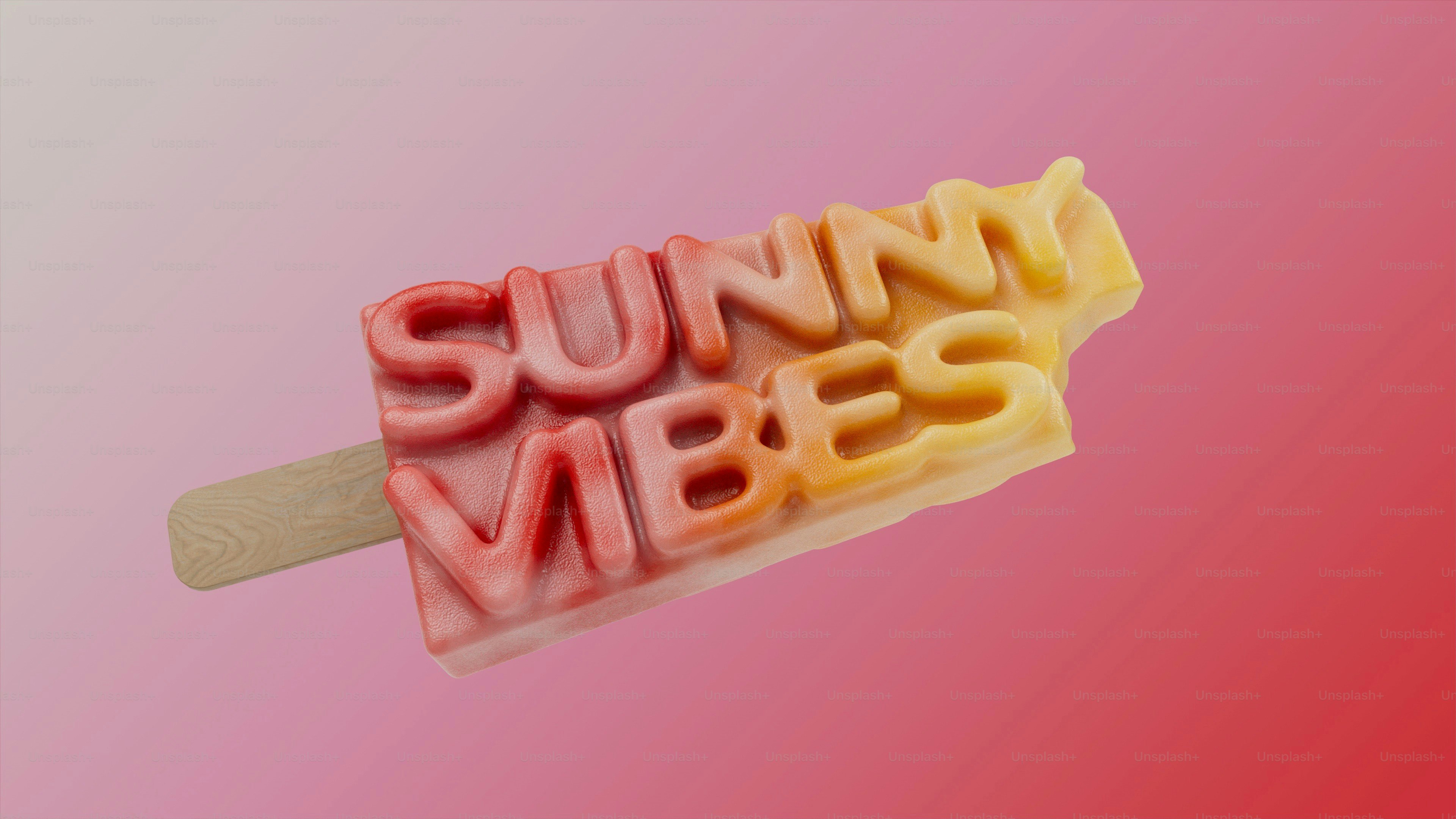 ピンクの背景に「晴れやかな雰囲気」の文字が入ったアイスキャンディー