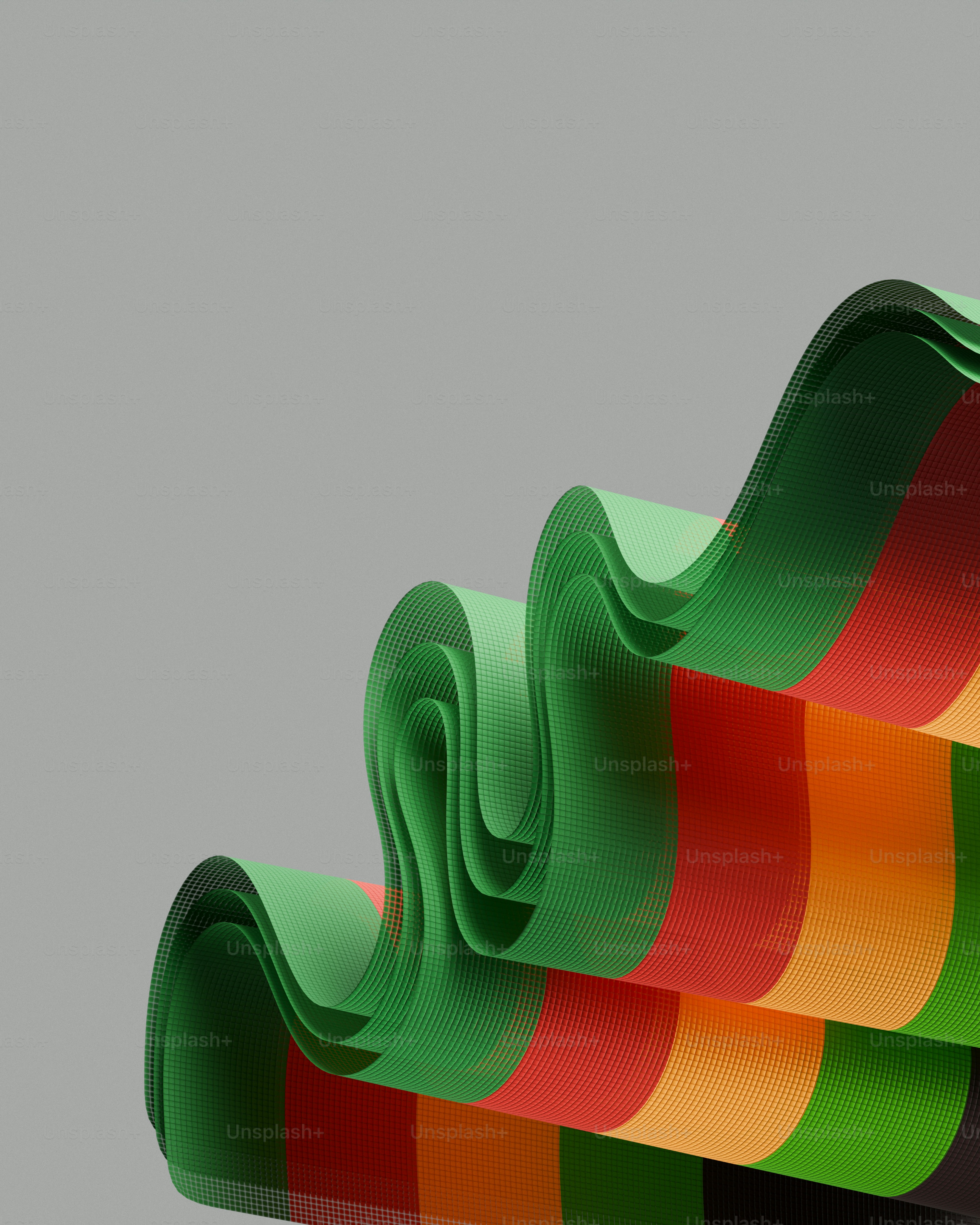 Wavy ribbons of green, red, and orange stripes.