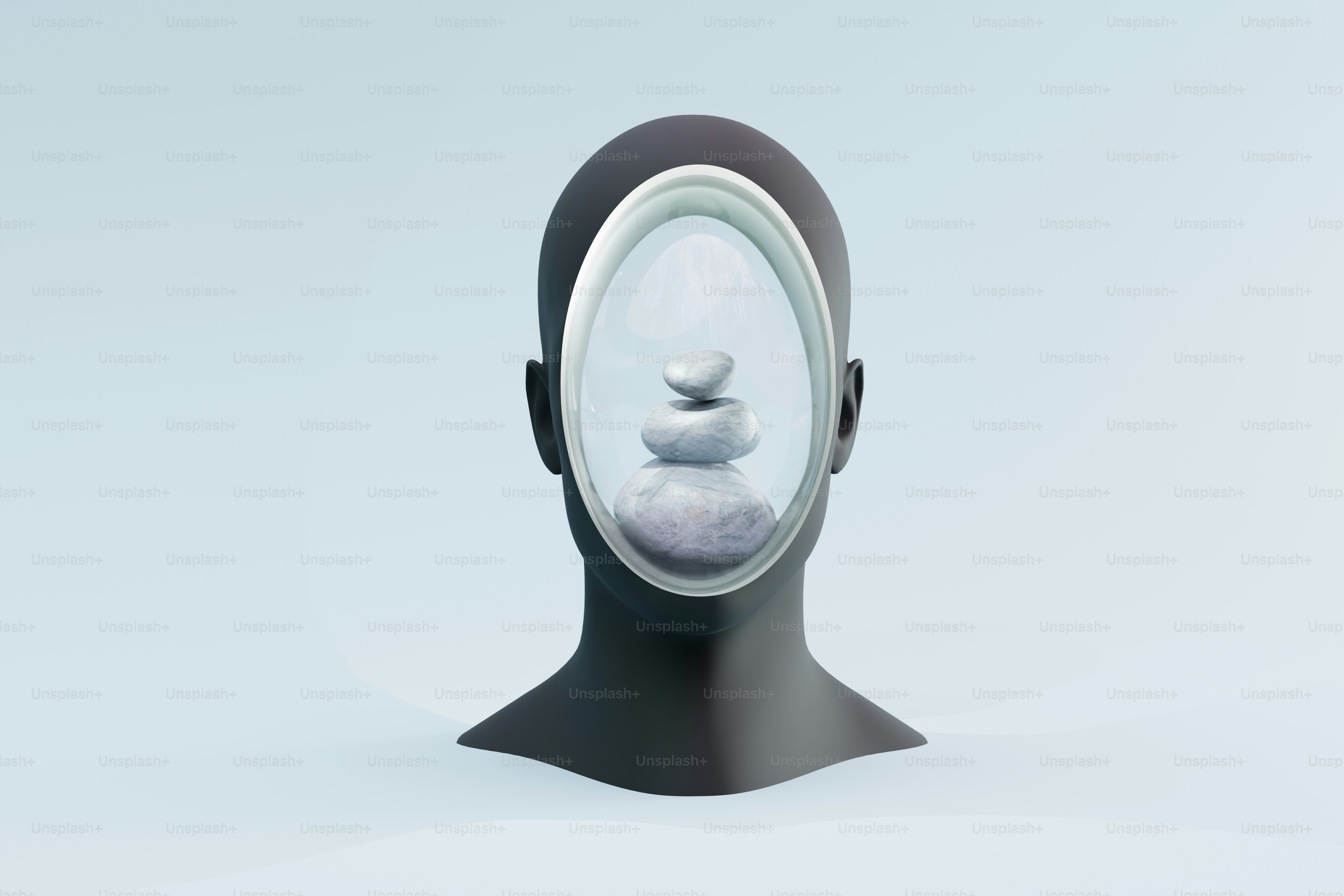 Silhouette scura della testa con pietre impilate all'interno