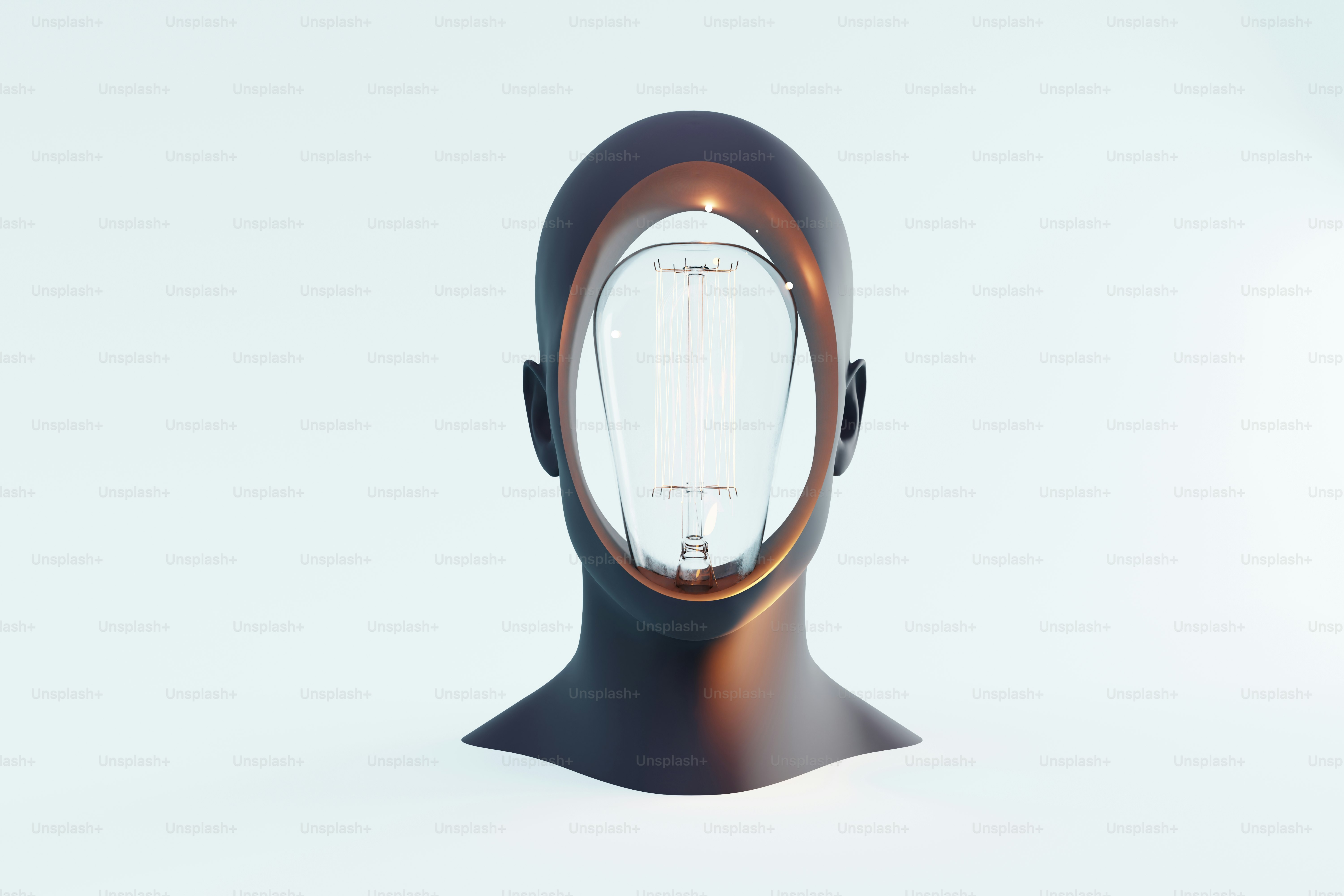 Testa scura astratta con faccia a bulbo trasparente