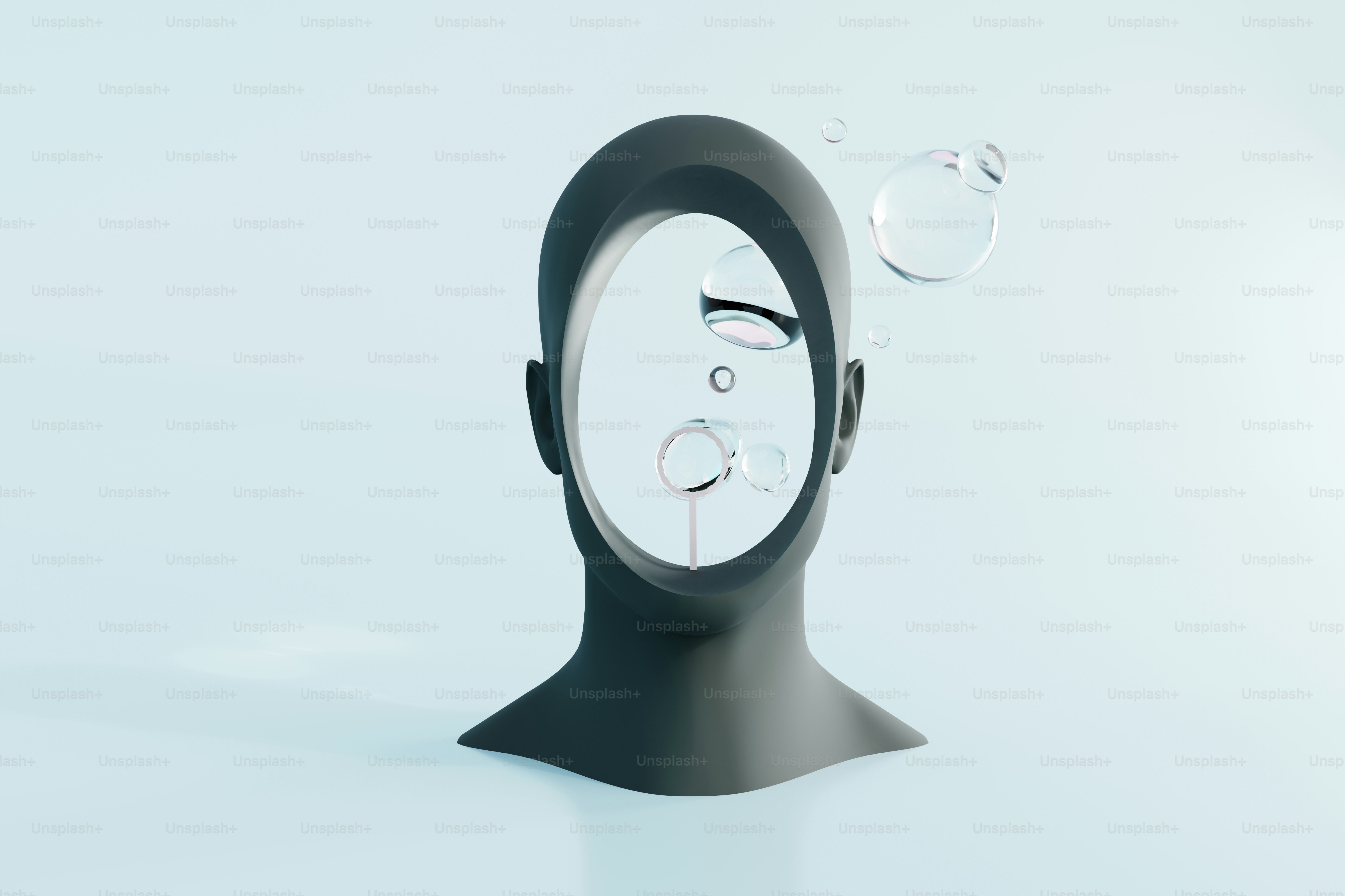 Testa astratta con bolle di vetro fluttuanti e luce