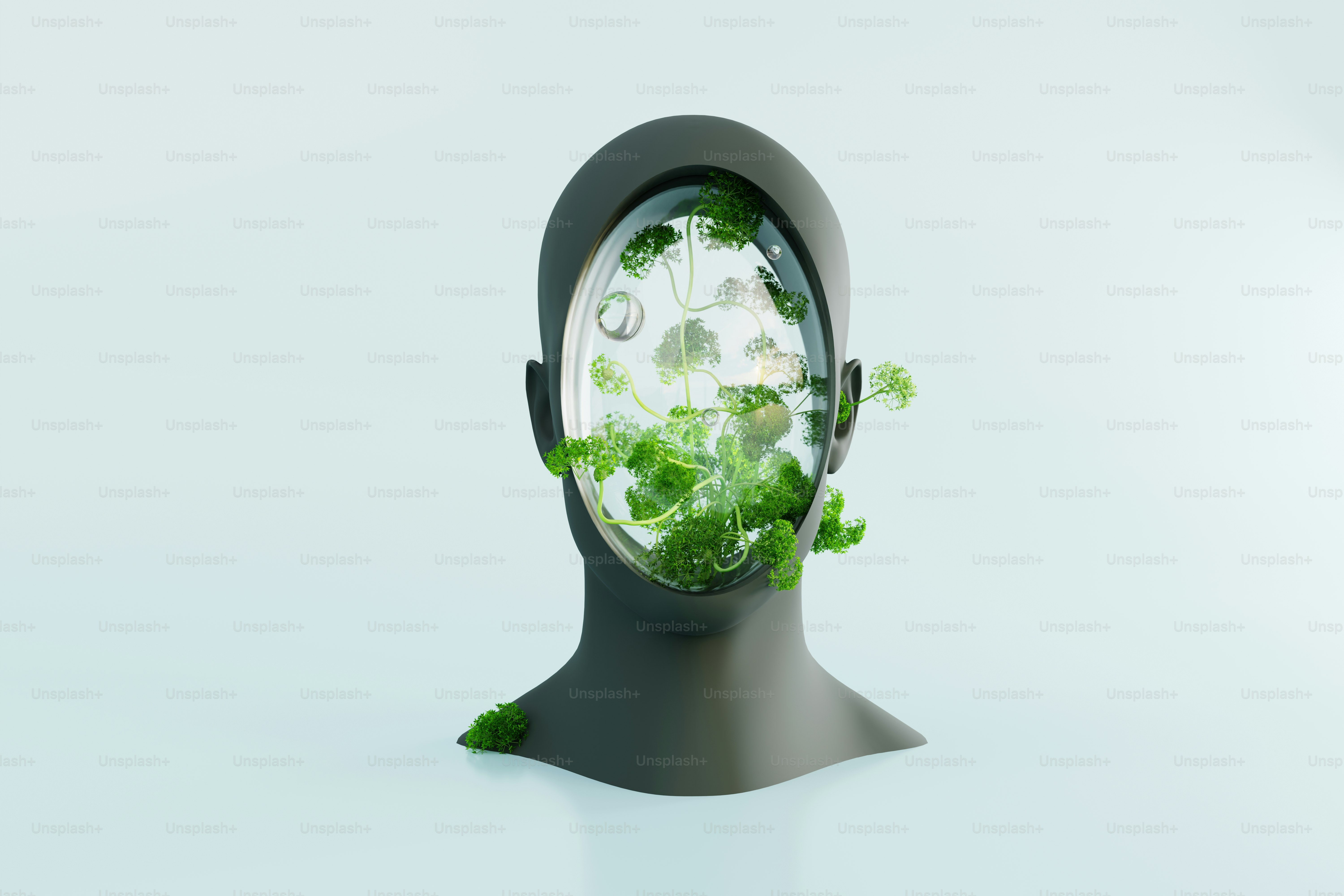 Busta scura della testa con piante verdi che crescono all'interno