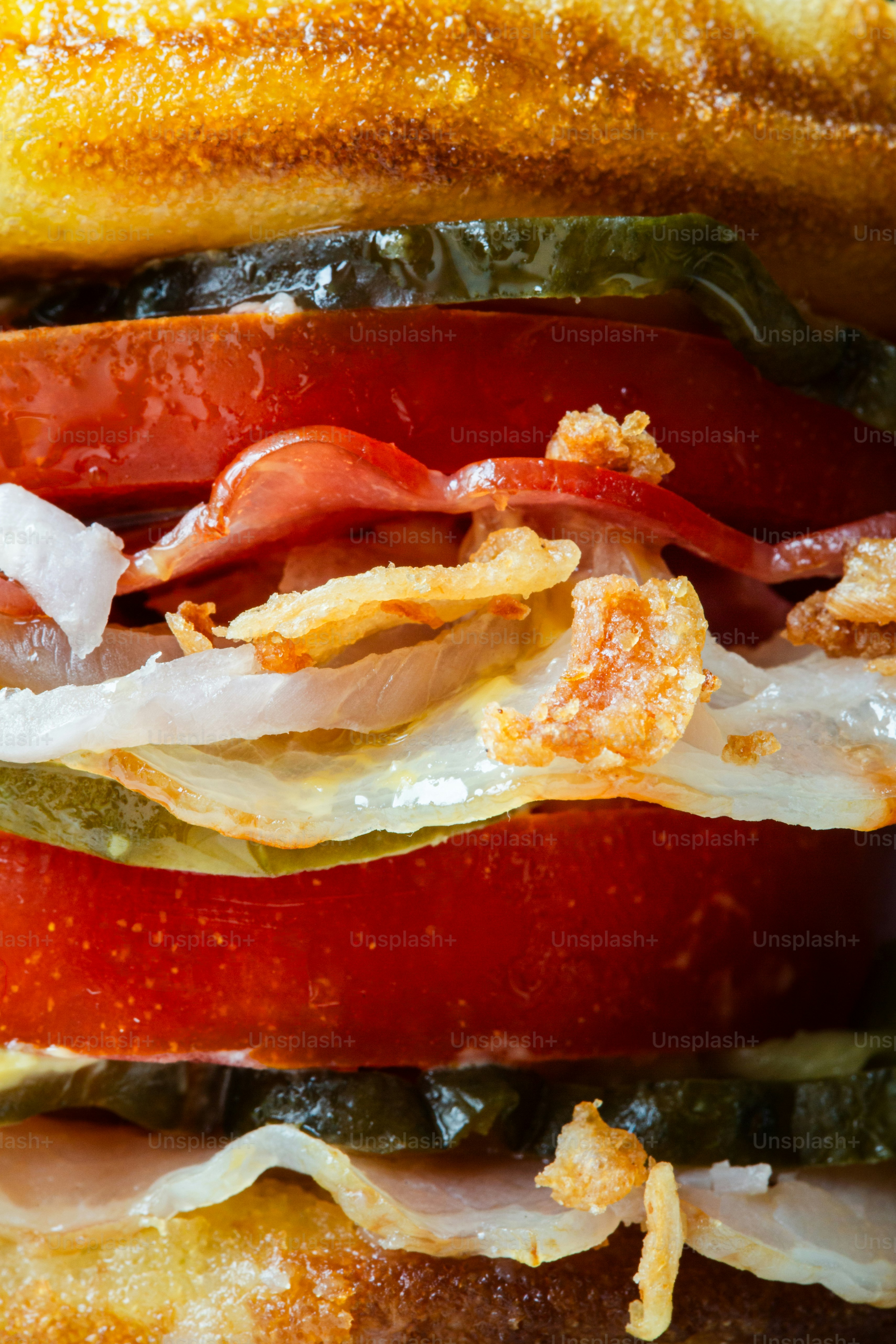Close-up of a delicious burger with fresh ingredients.
