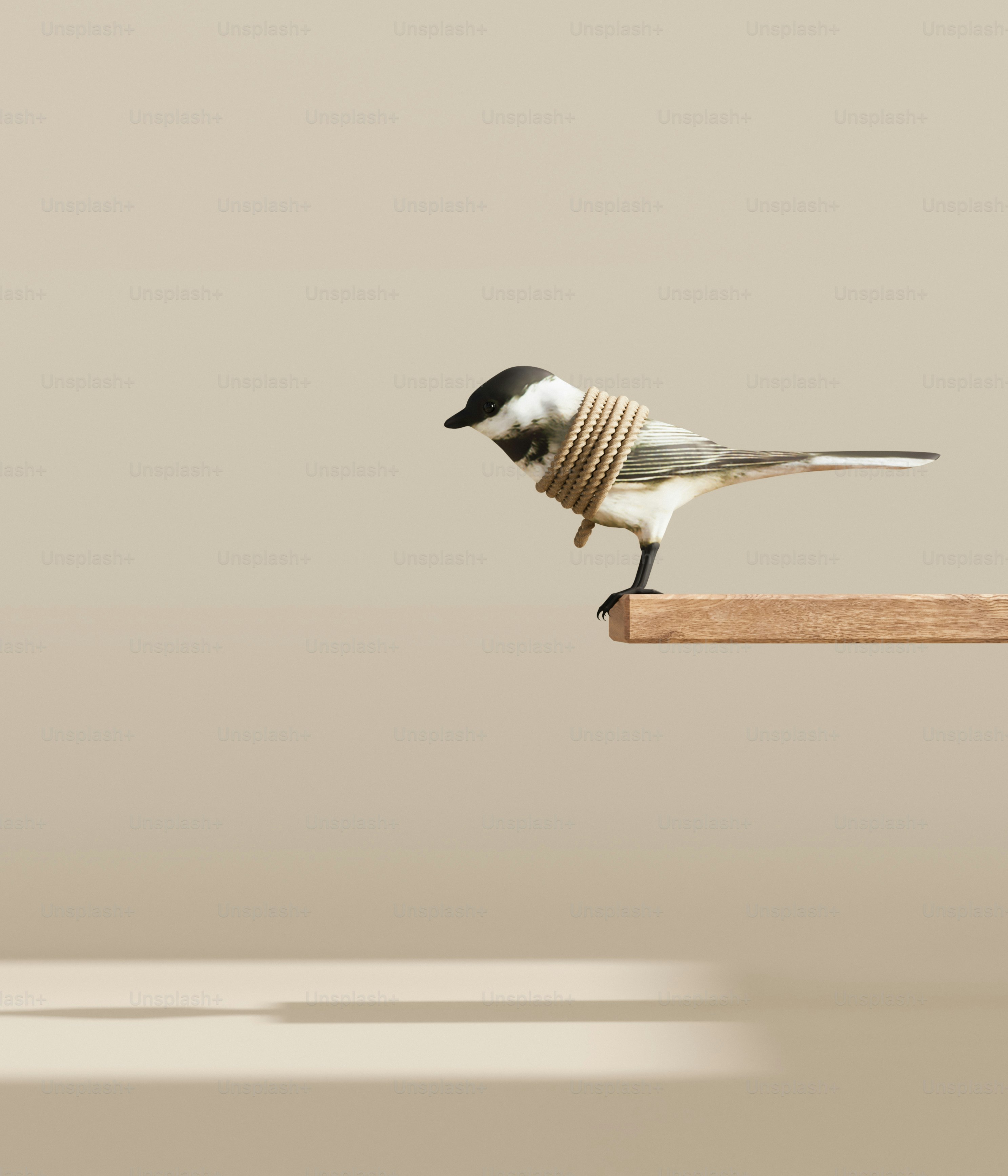 Un oiseau attaché à la corde sur un perchoir en bois