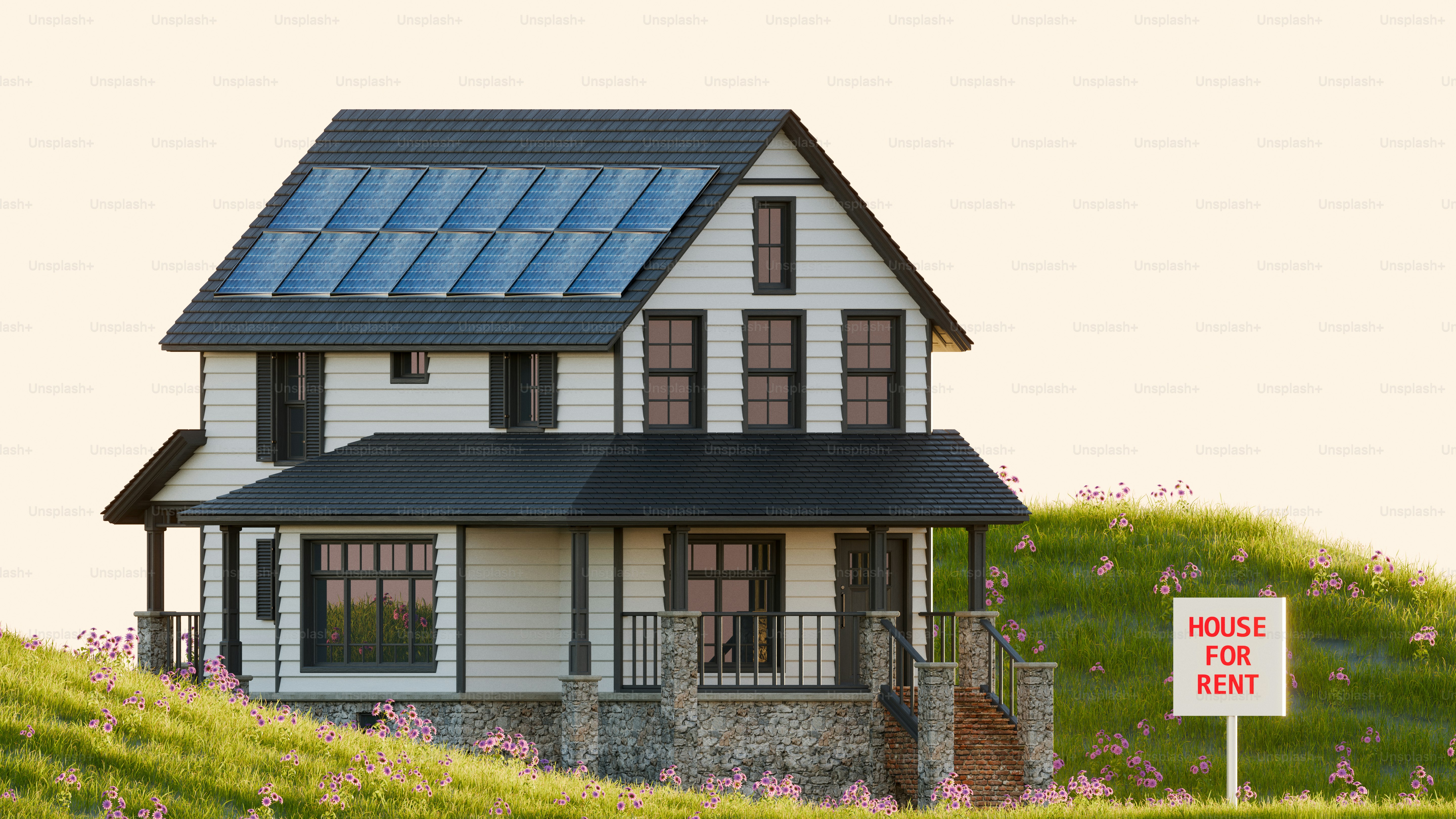 Rumah putih dengan panel surya dan tanda sewaan.