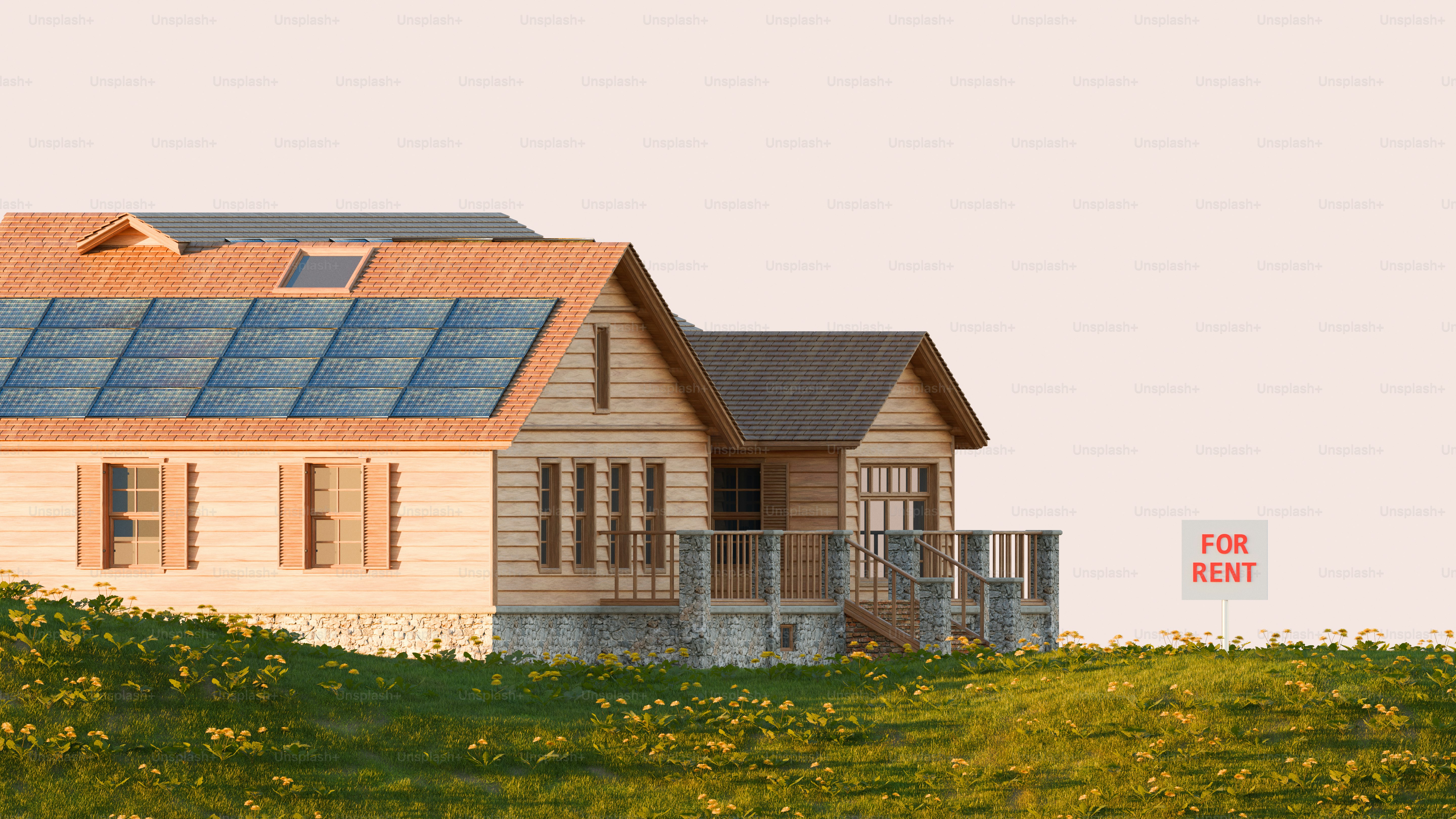 Wooden house with solar panels and for rent sign.