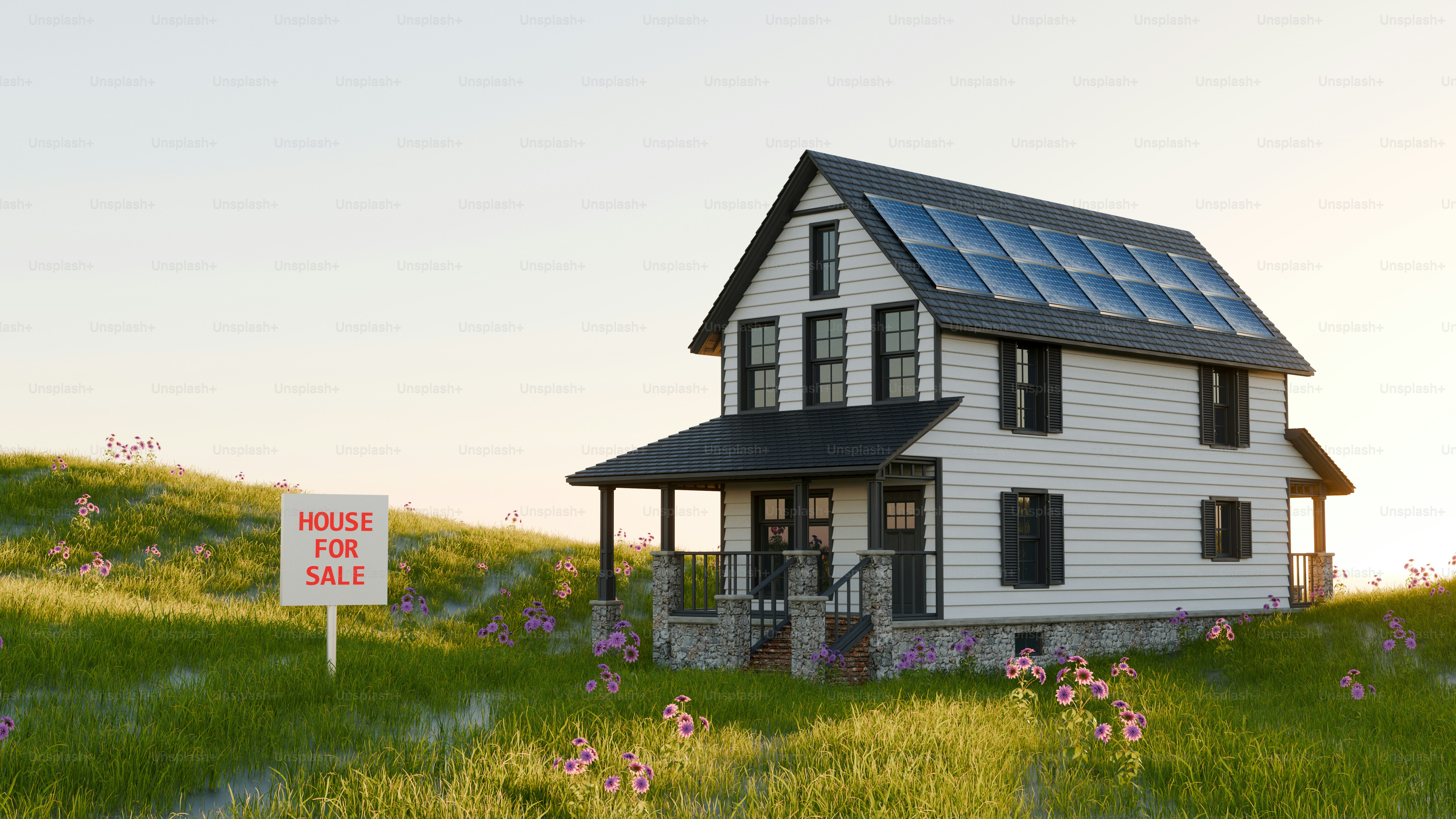 White house with solar panels and for sale sign.