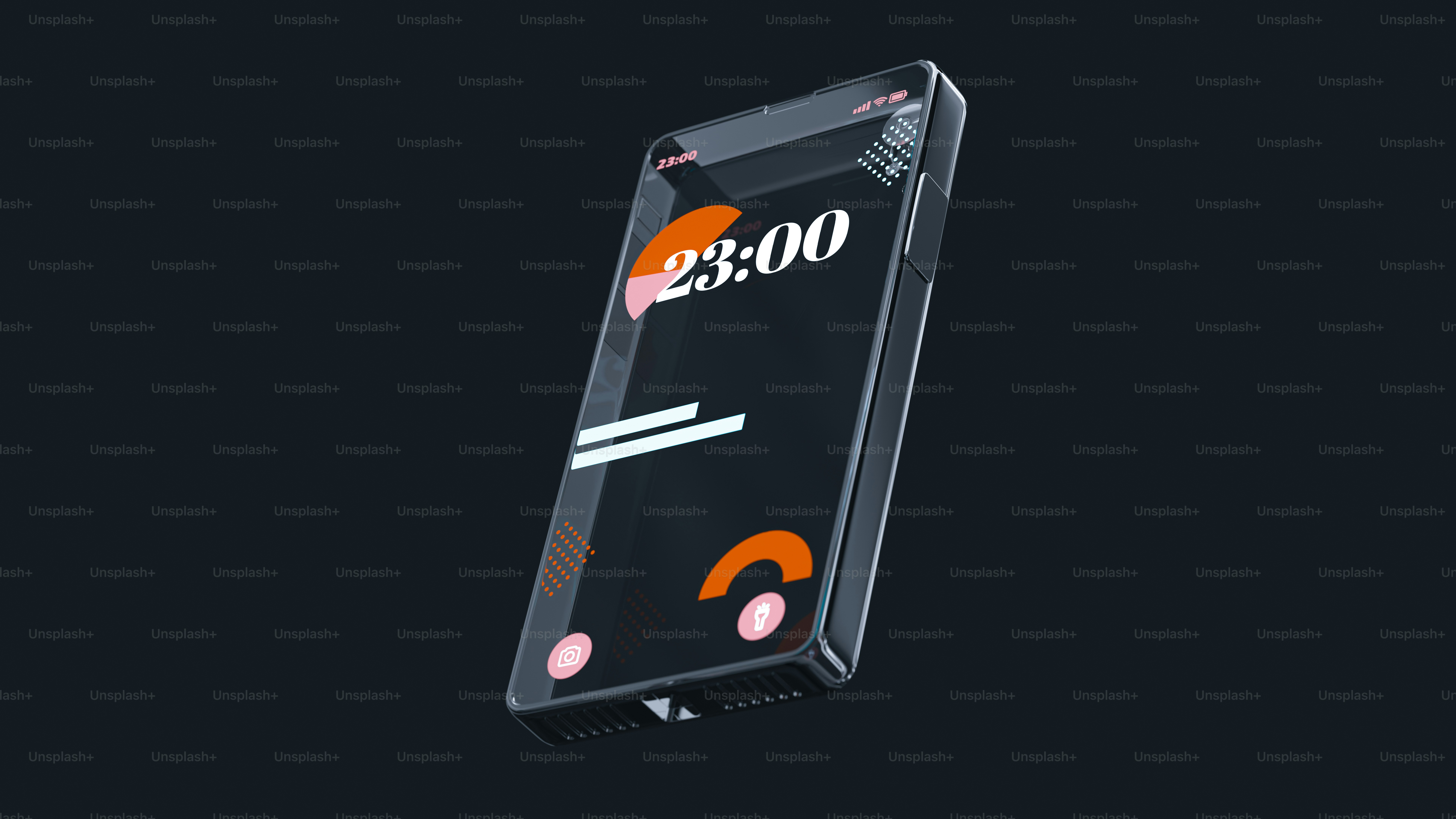 Smartphone displaying abstract clock interface on dark background