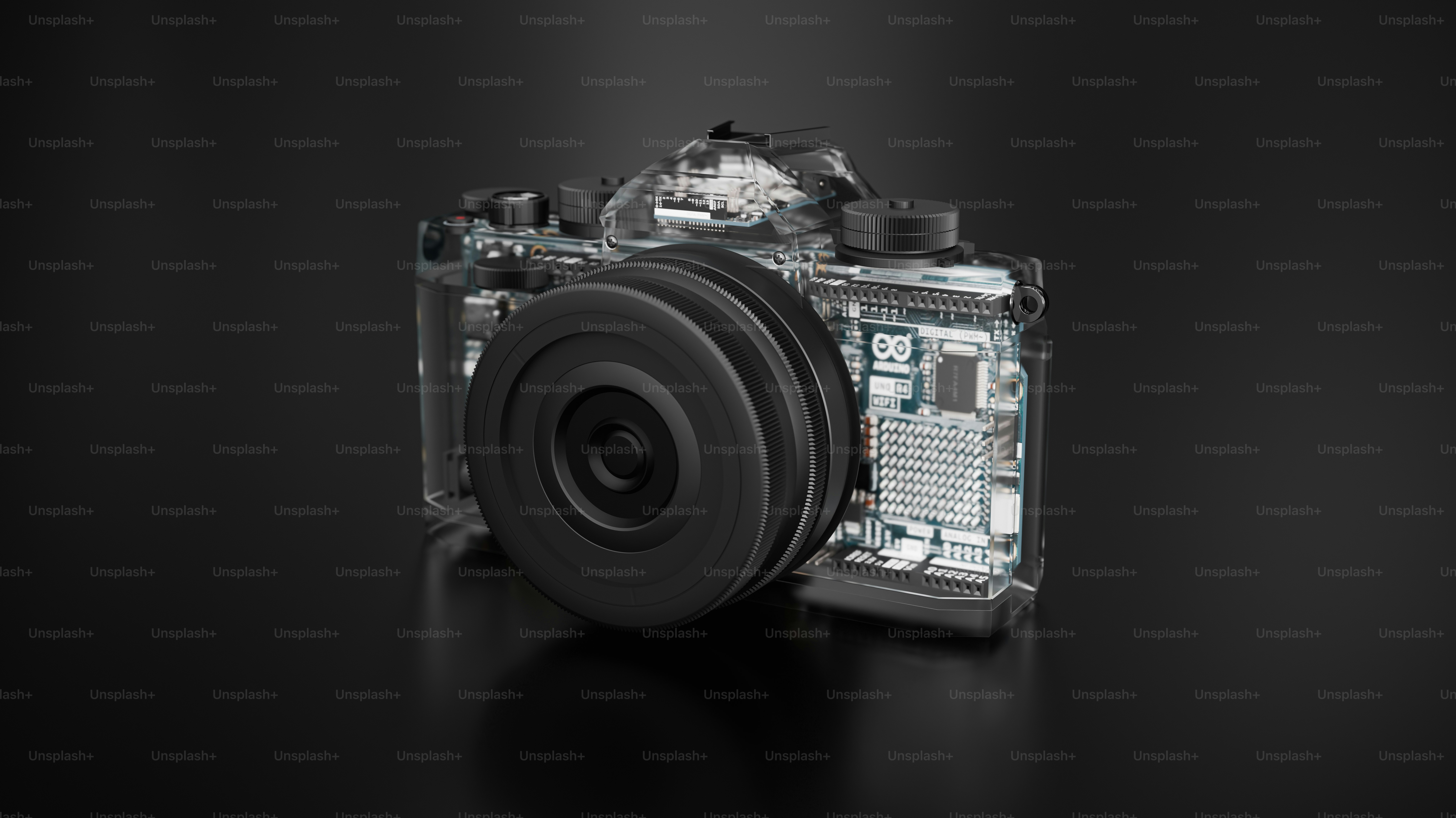 Transparent camera showing internal electronic components