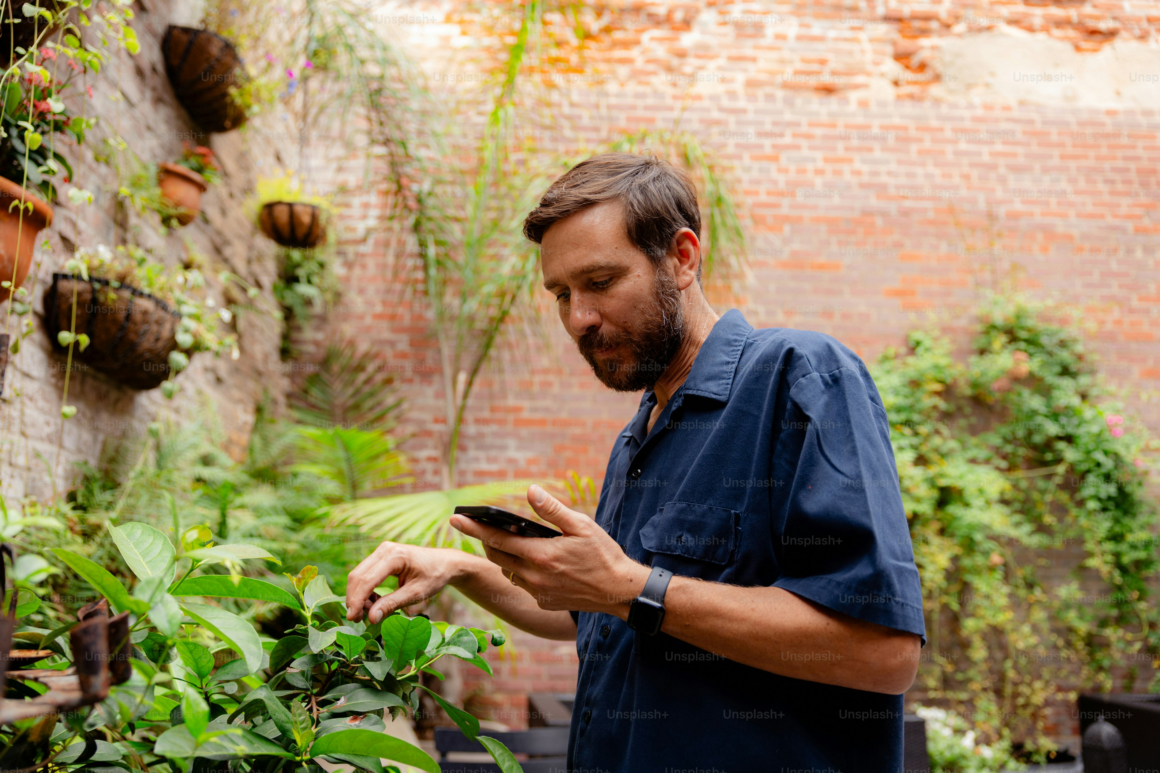 Hombre usando un smartphone junto a plantas verdes y exuberantes