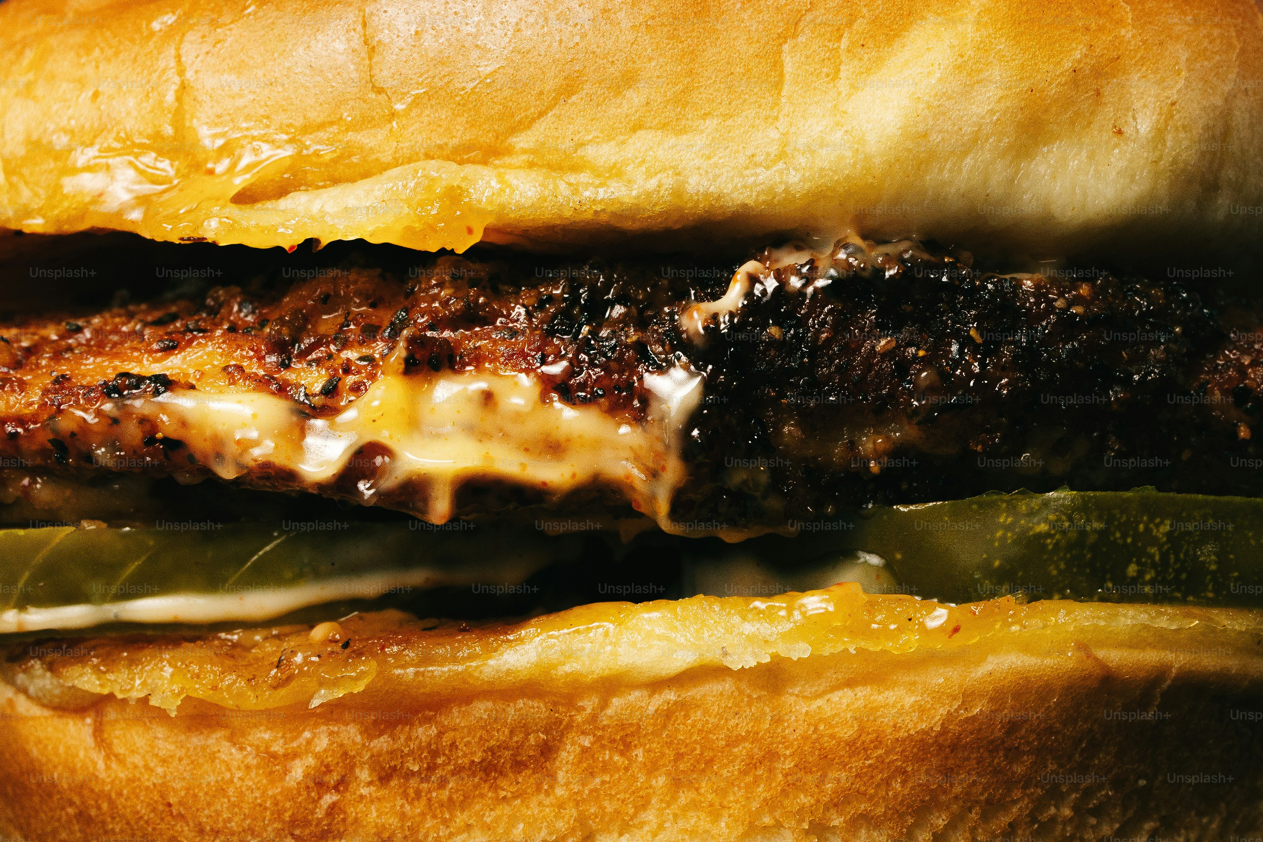 Gros plan d’un délicieux hamburger avec des cornichons et du fromage