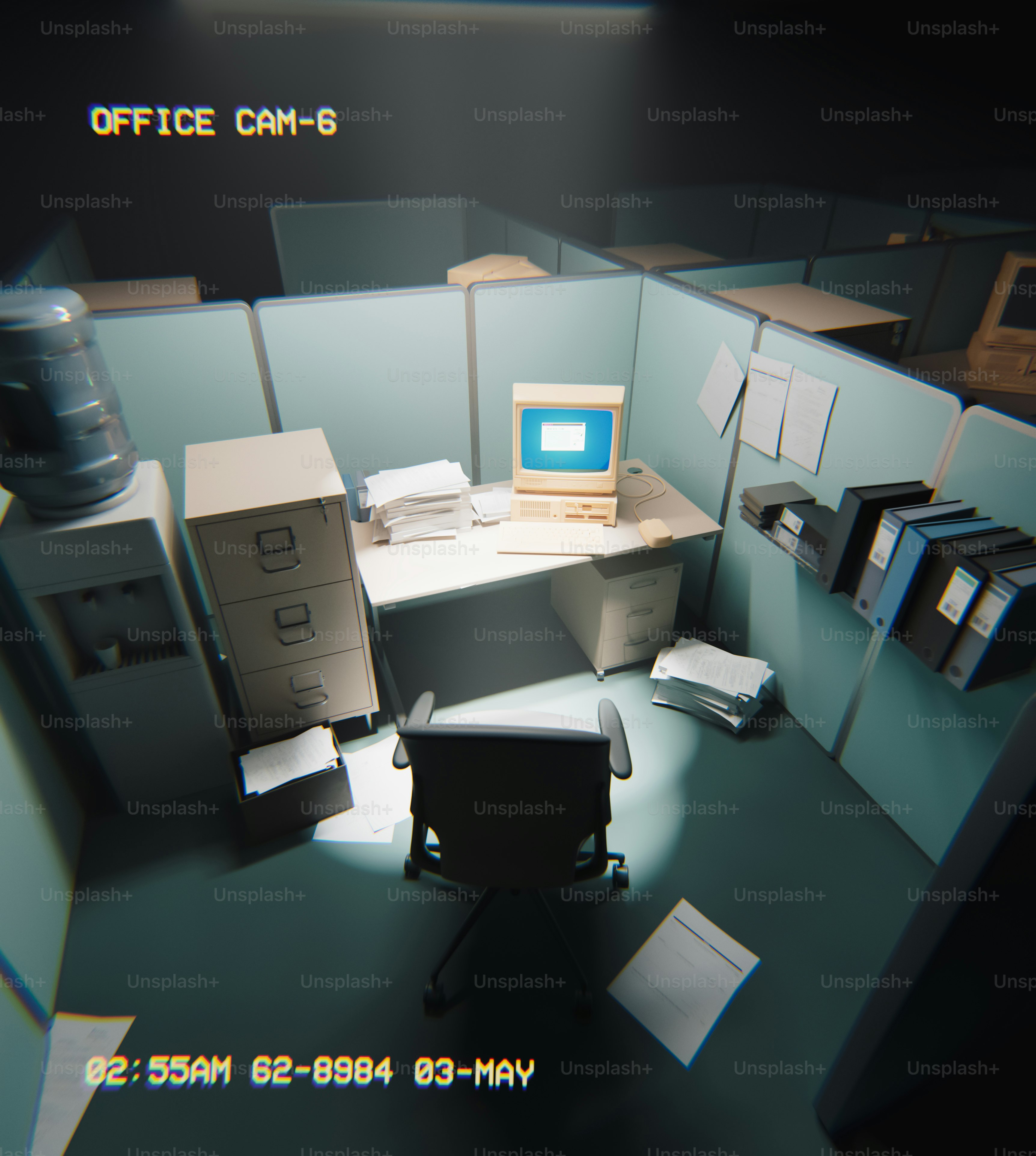 An empty office cubicle with a computer and files.