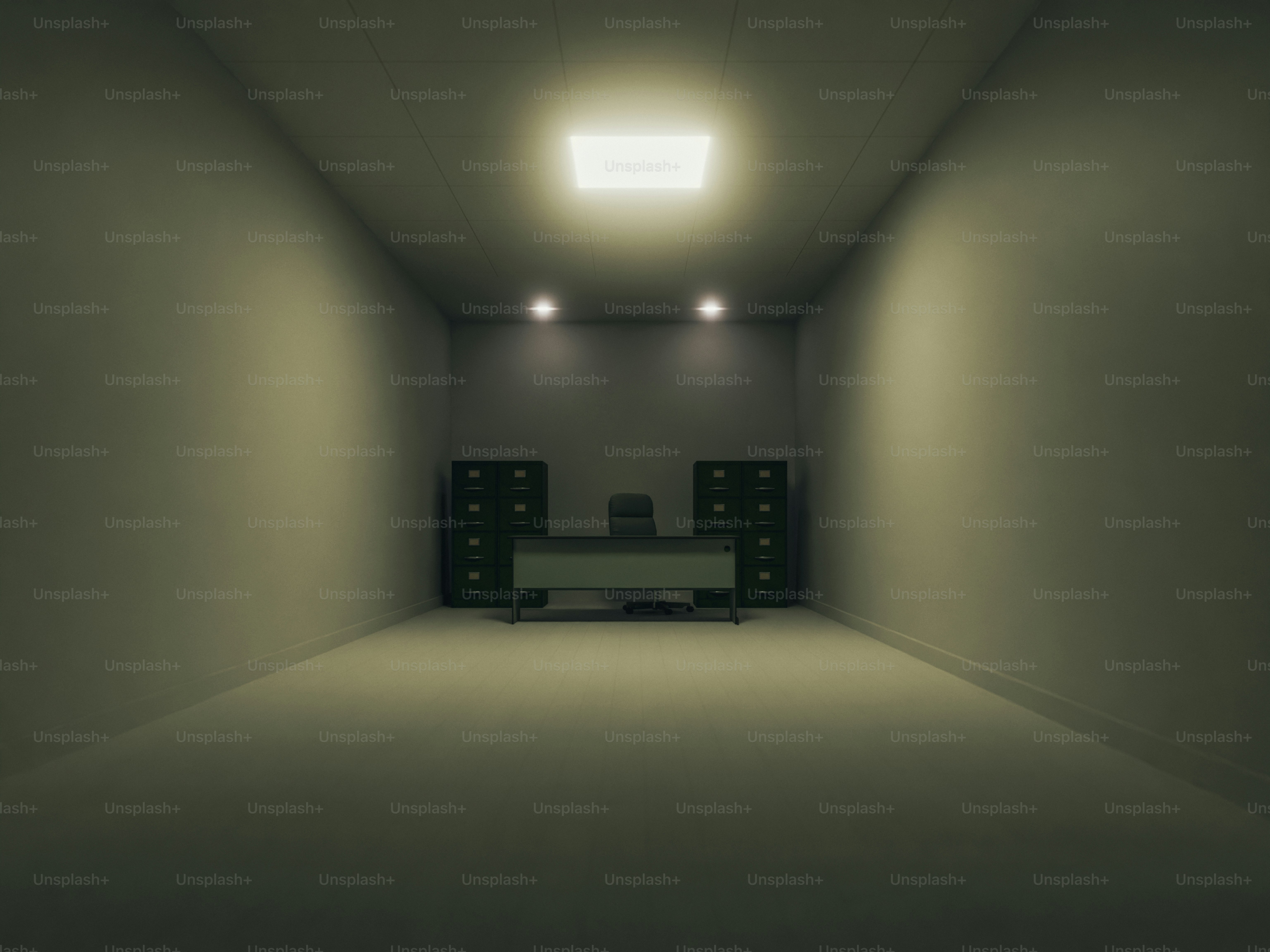 Ufficio vuoto con scrivania e schedari