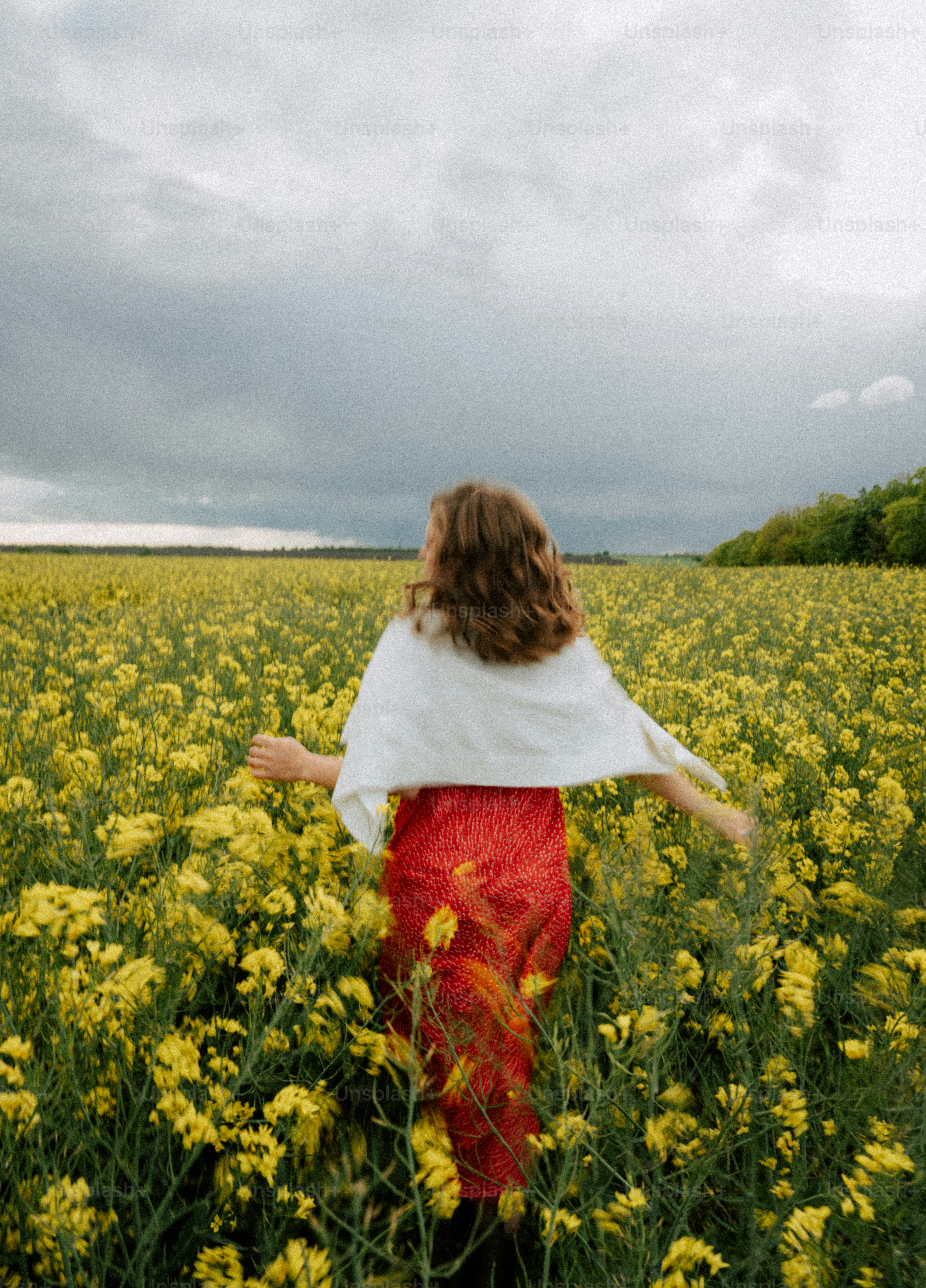 Woman in red dress walks through yellow flower field.
