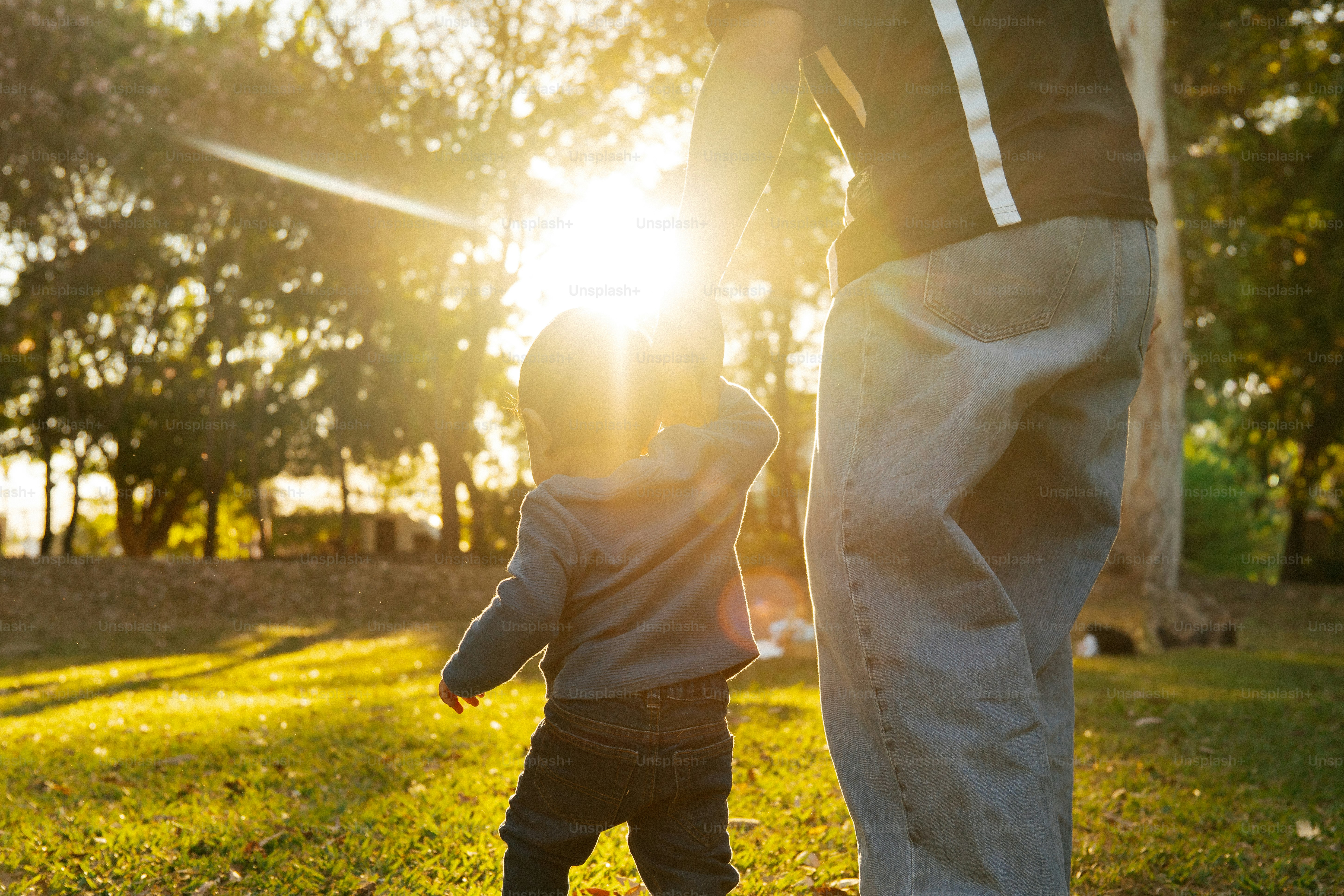 Parent et enfant se promenant dans un parc au coucher du soleil