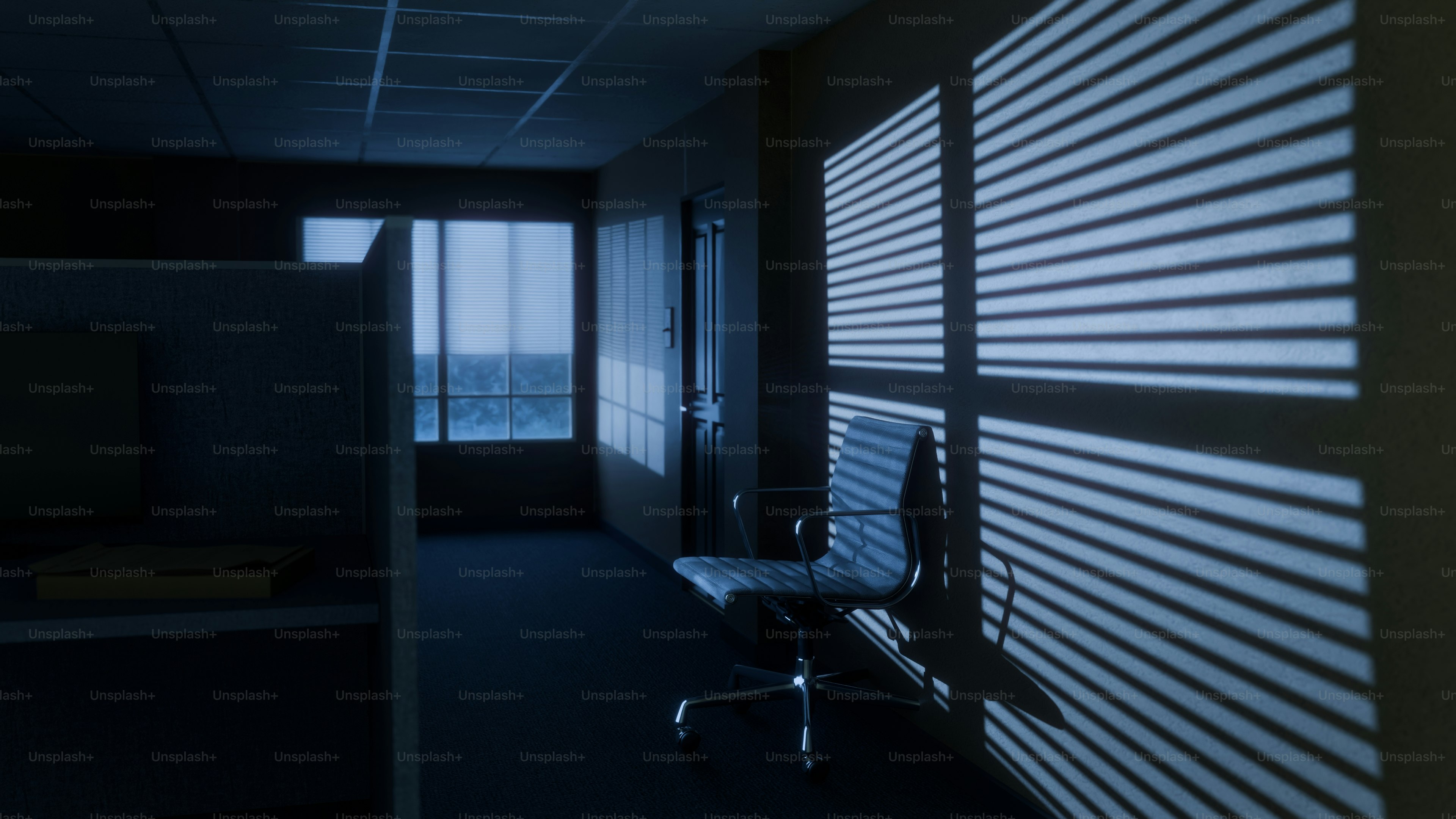 Office interior with blinds casting shadows on wall. photo – Office ...