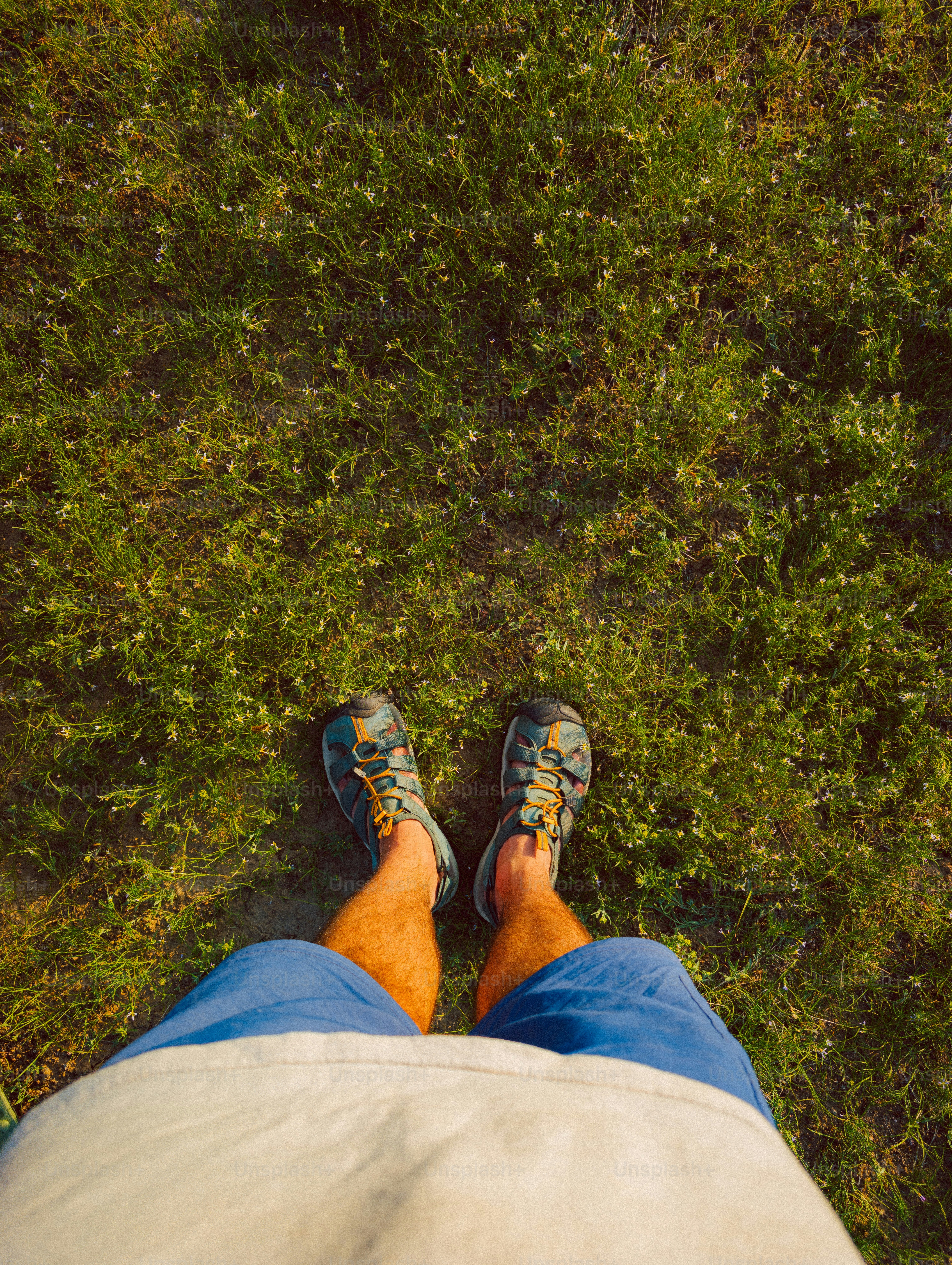 Pernas e pés de homem em pé na grama