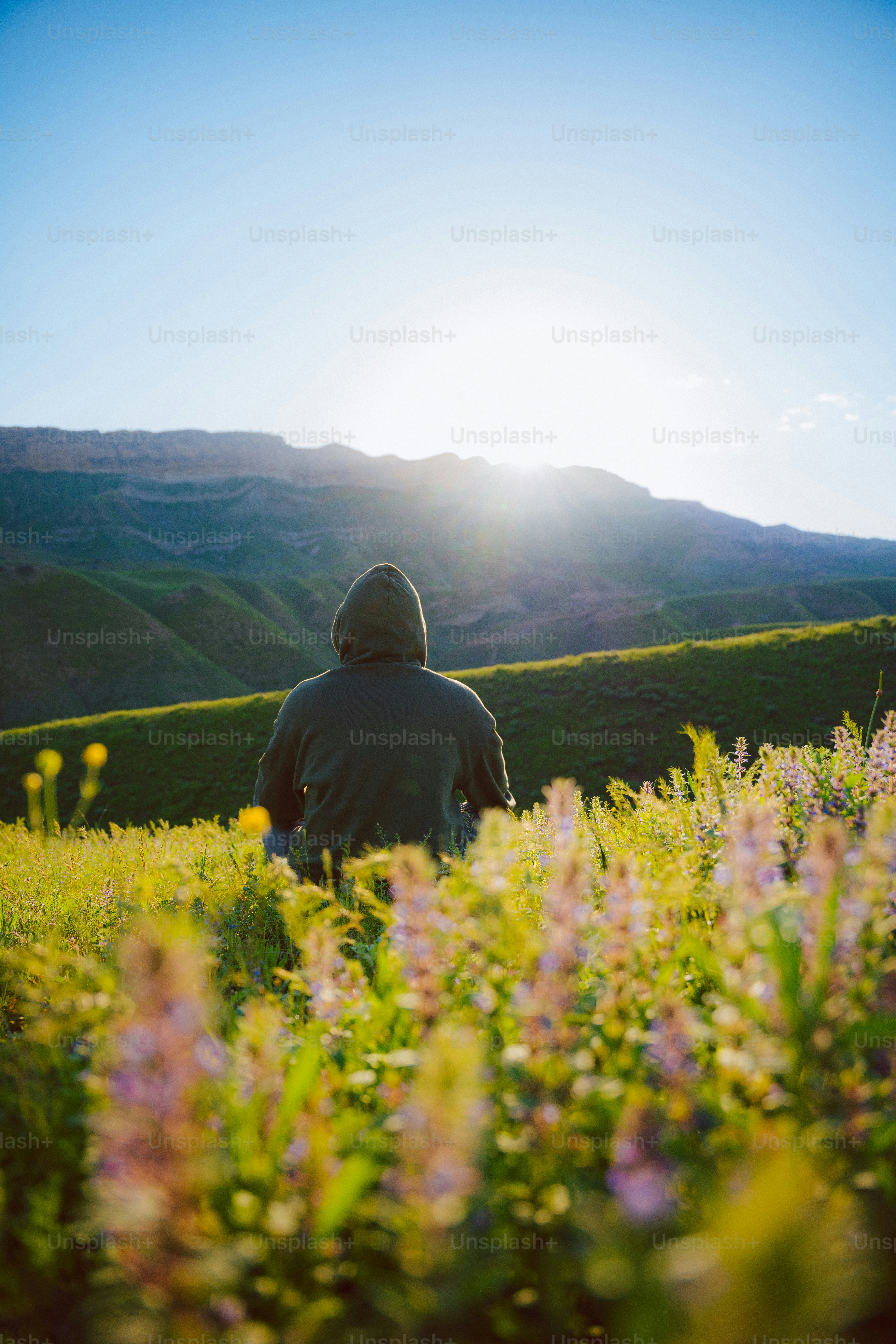 Pessoa meditando em um campo de flores ao pôr do sol.