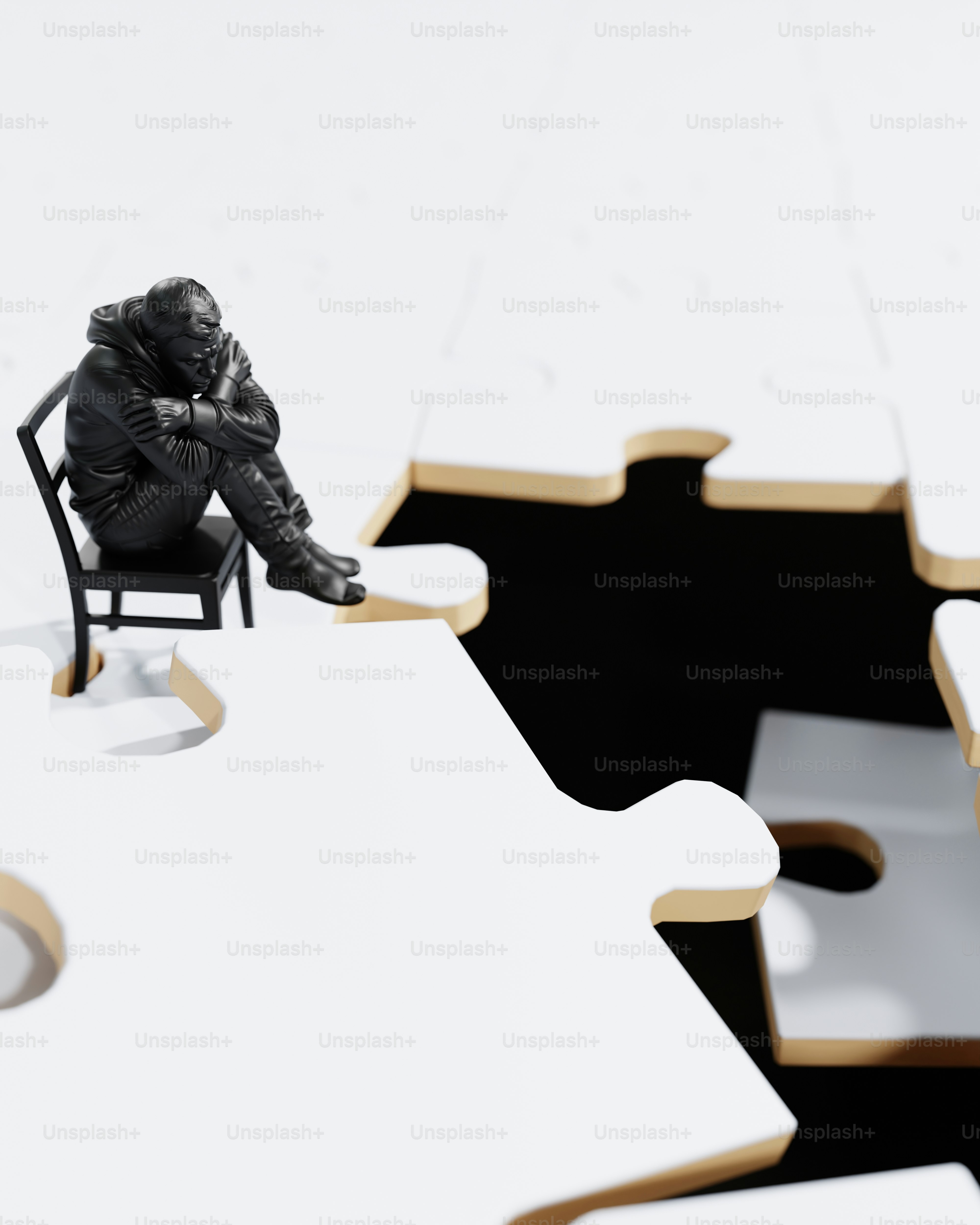 Small figure sits alone on a chair on puzzle pieces.