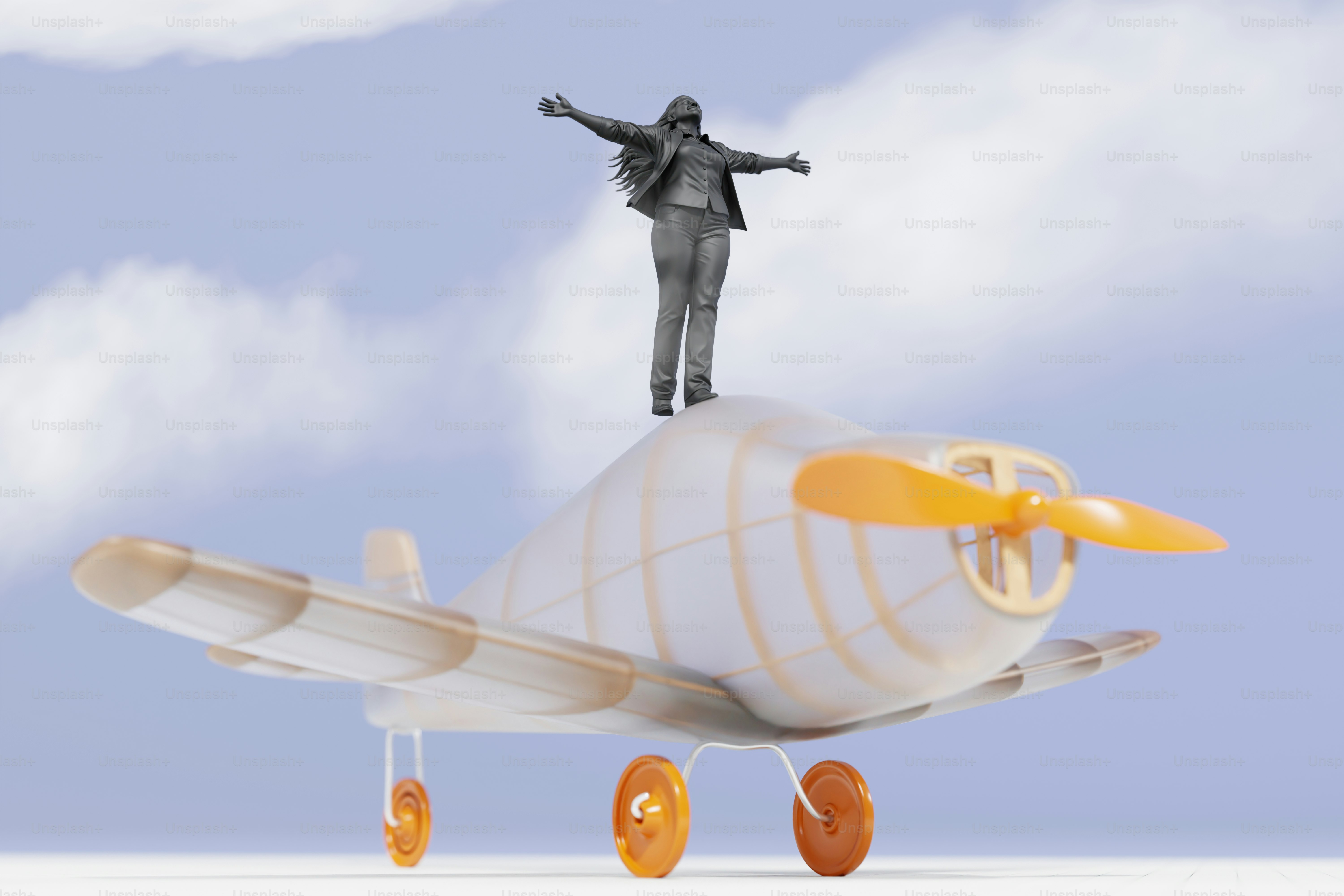 A person stands atop a small airplane against the sky.