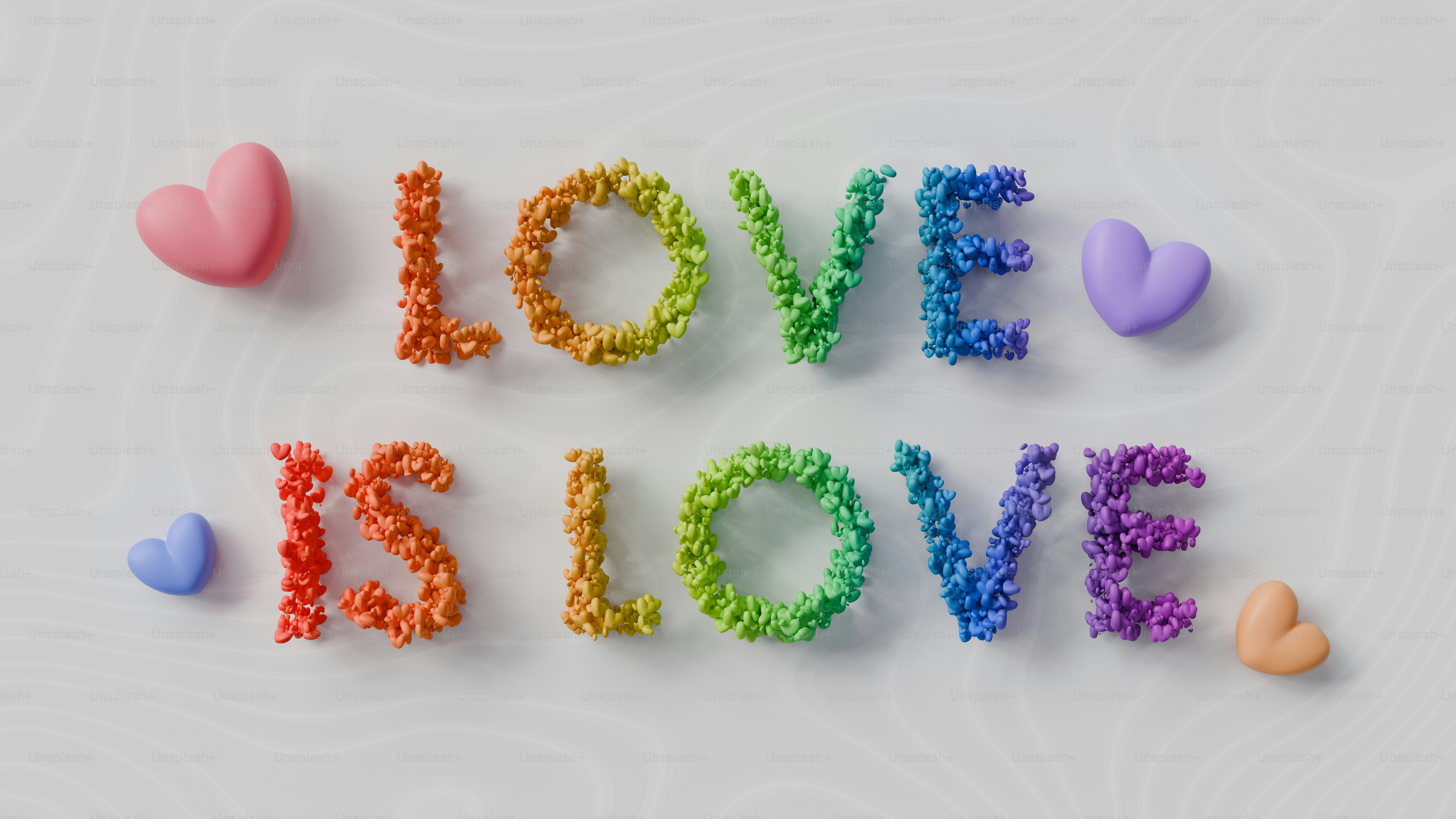 Rainbow colored text spells 'love is love' with hearts.