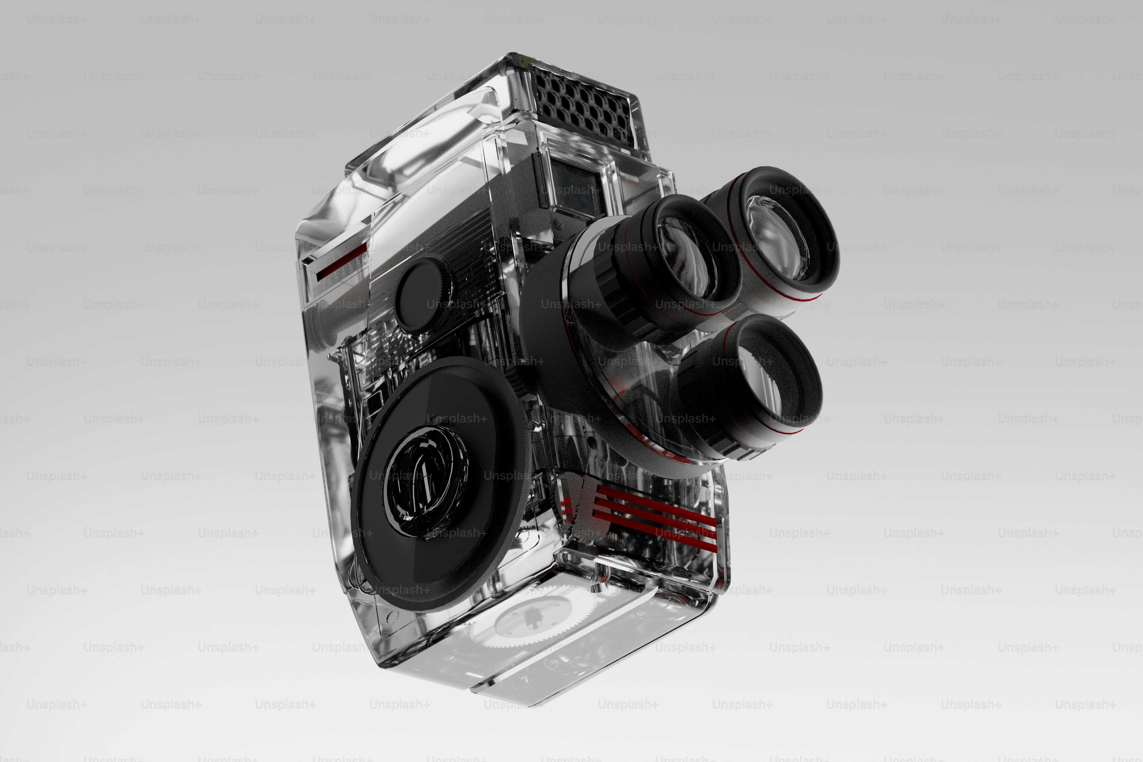 A vintage camera with multiple lenses on a gray background
