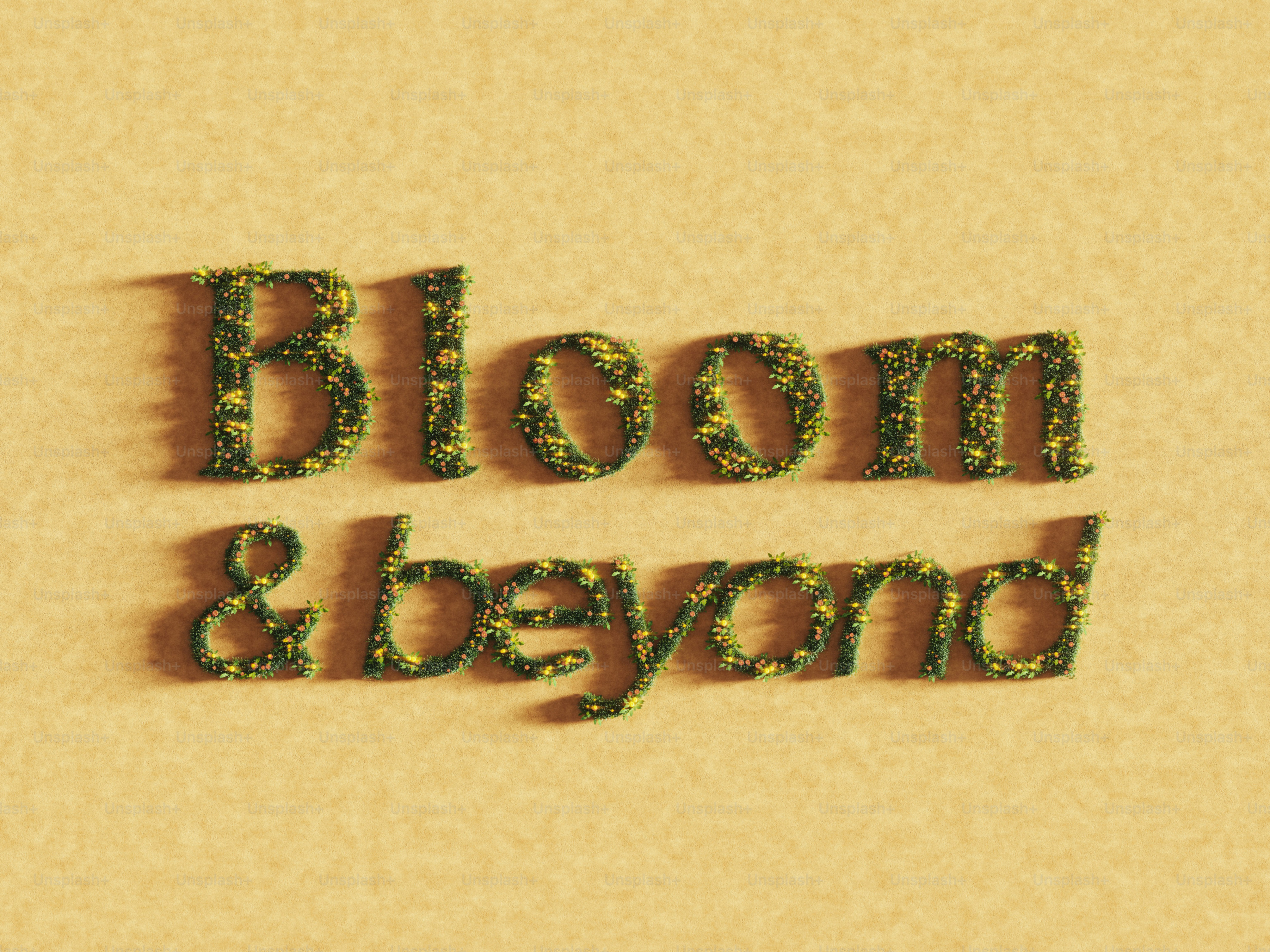 Arte testuale che scrive "bloom & beyond" con muschio