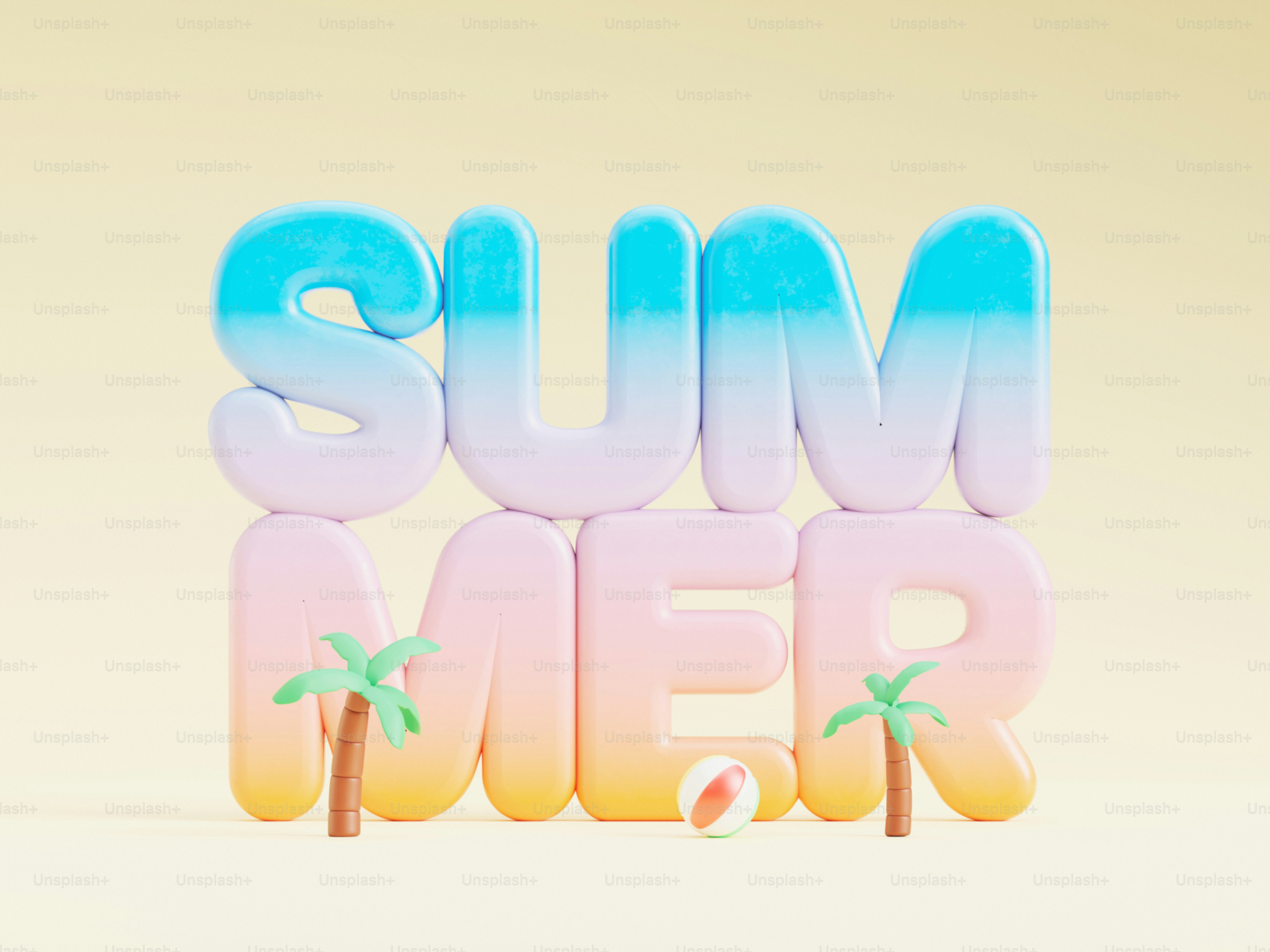 Testo 3D "estivo" con palme e palla da spiaggia.