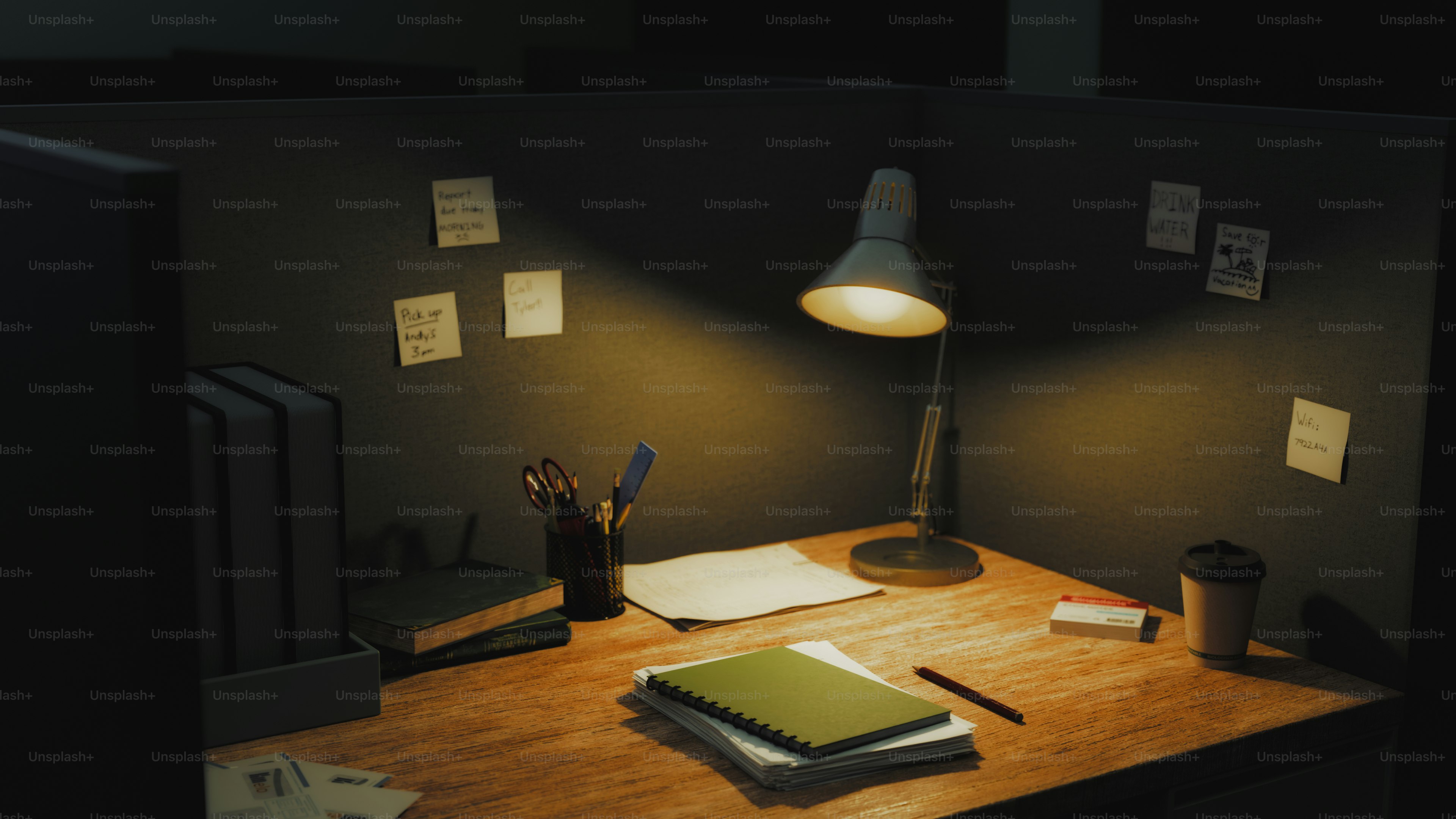 Meja remang-remang dengan lampu dan buku.