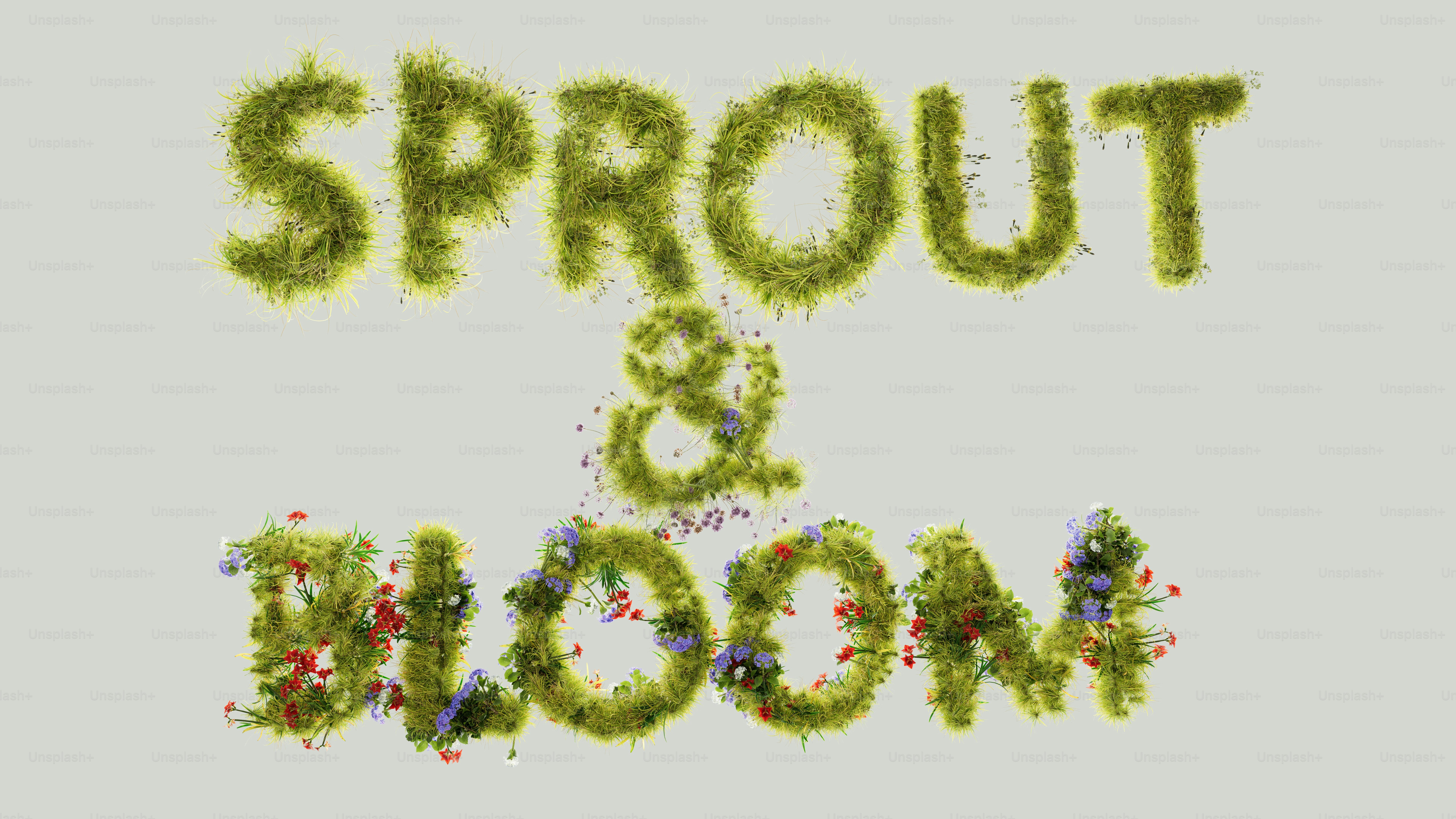 Texto de broto e floração feito de grama e flores
