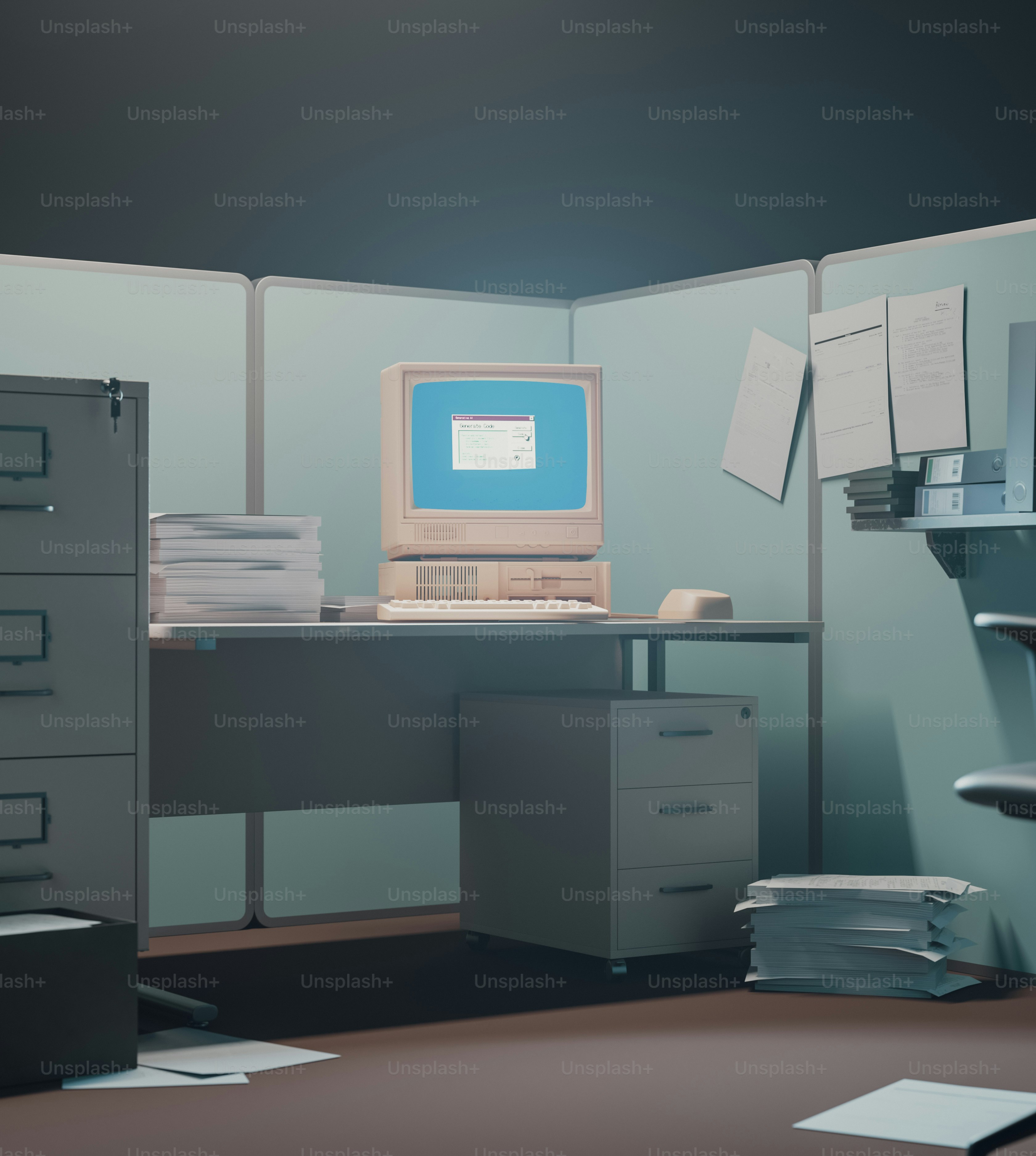 Retro office cubicle with vintage computer and files. photo – Business ...