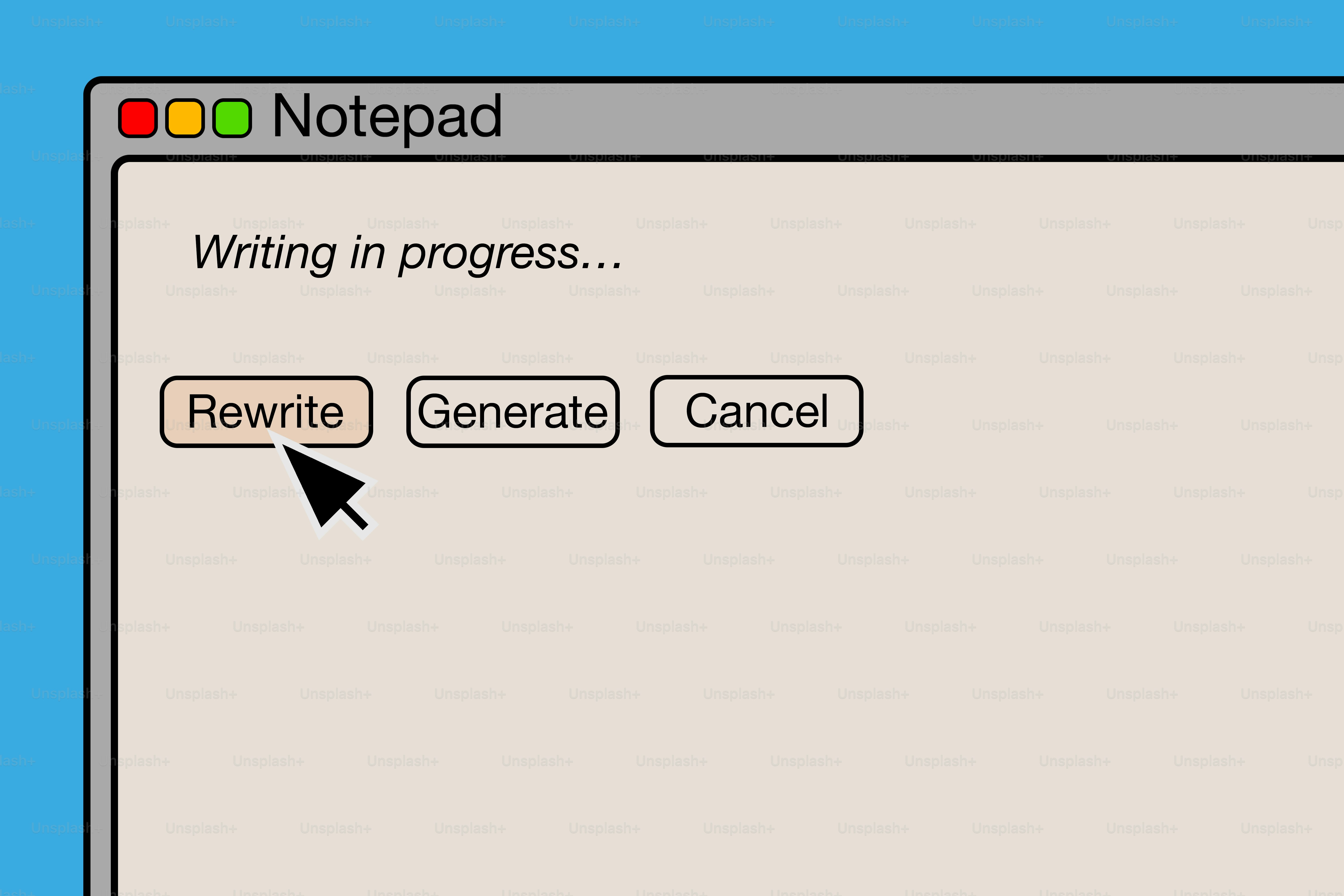 Computer screen shows writing in progress with buttons.