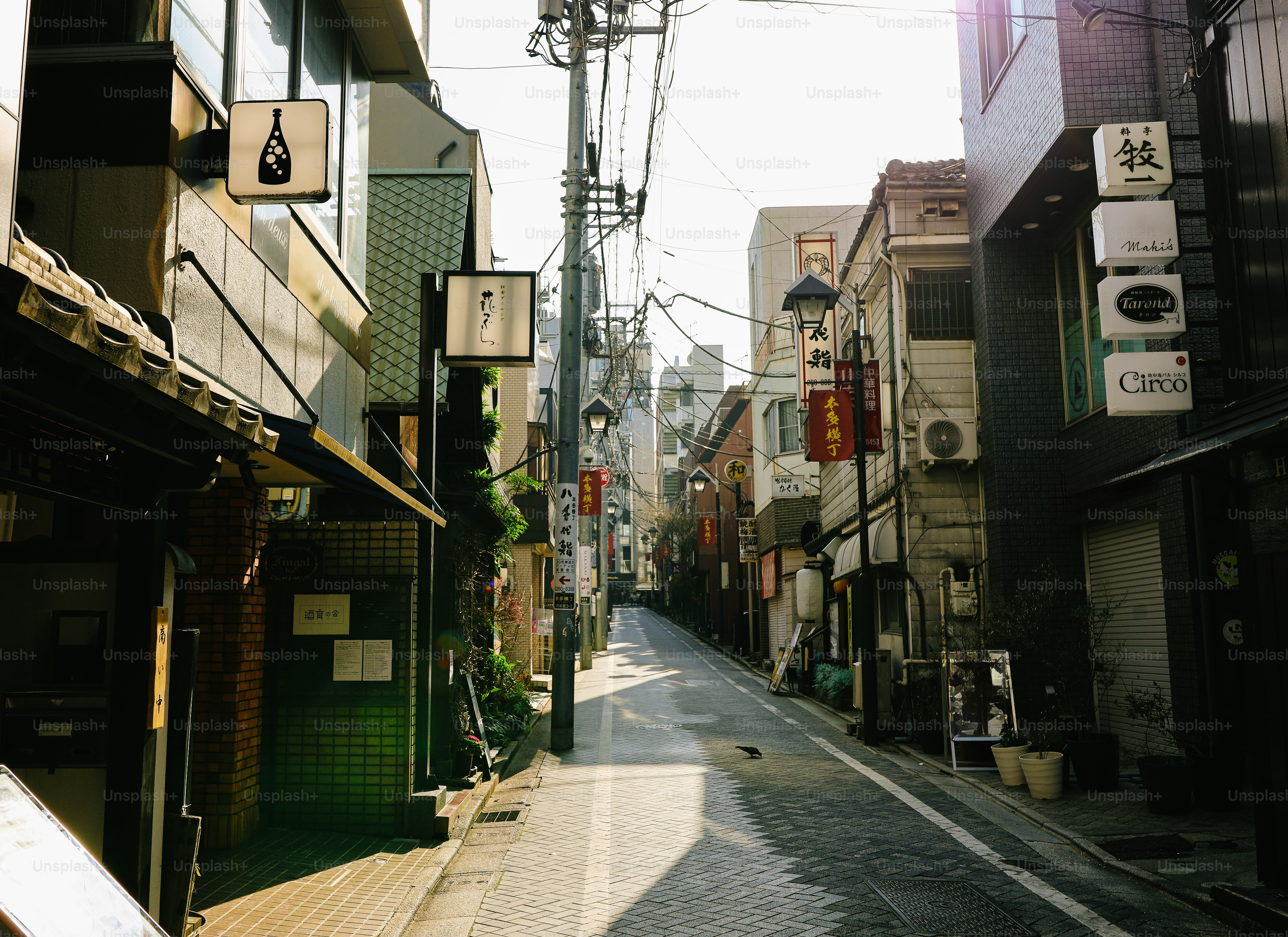 Narrow street lined with shops and buildings