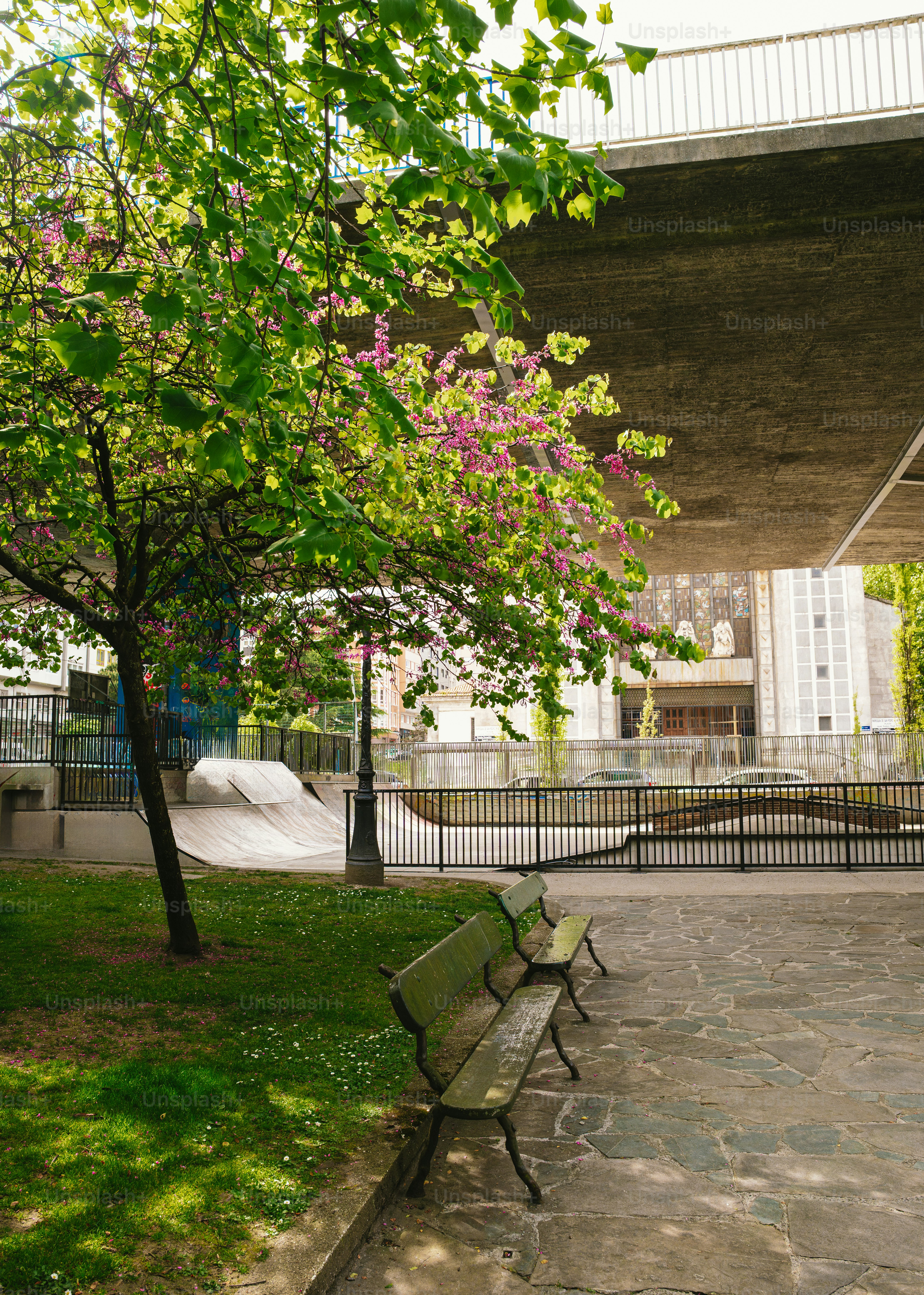 Des bancs verts sous un pont en béton avec des arbres.