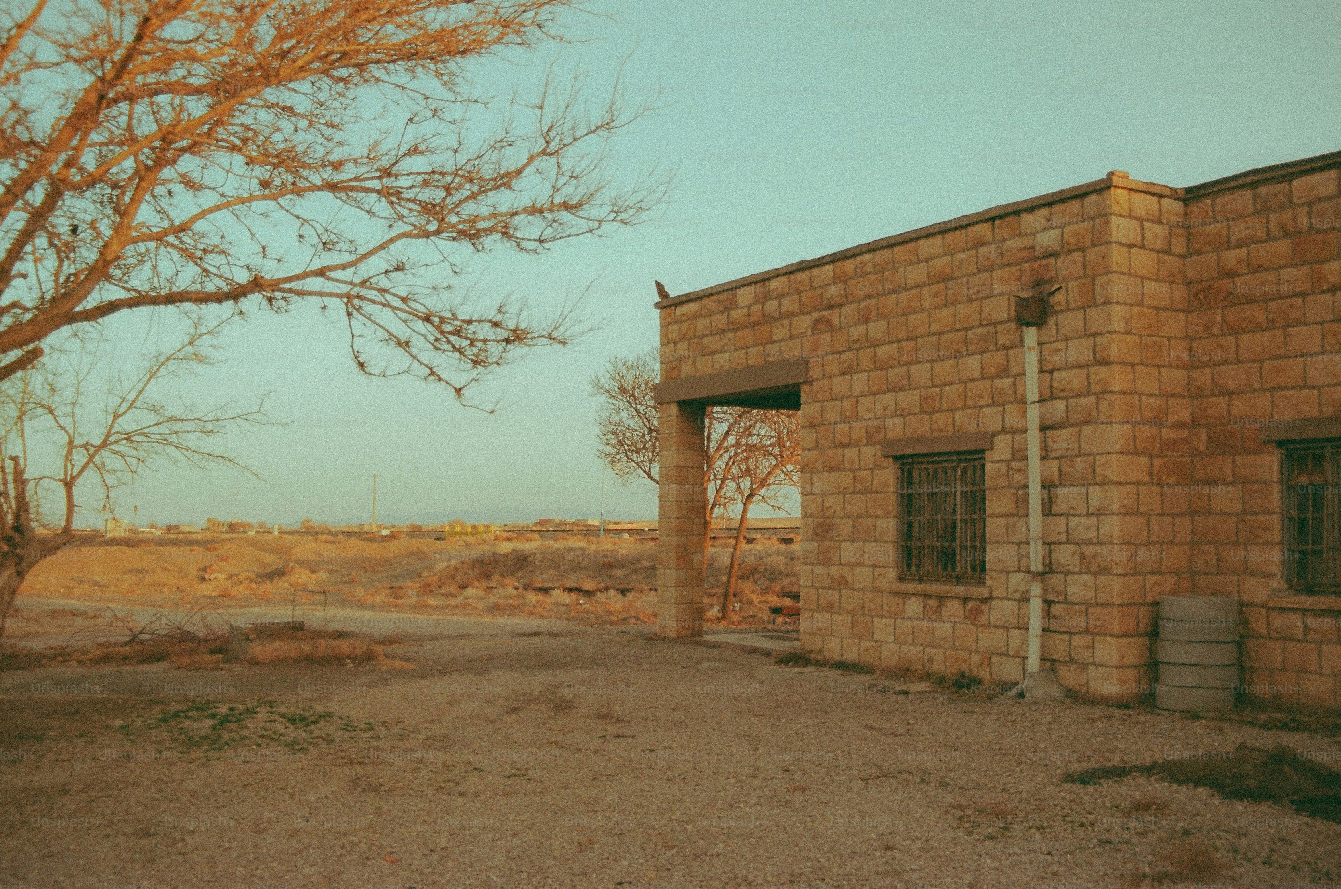 Stone building with bare tree branches and arid landscape