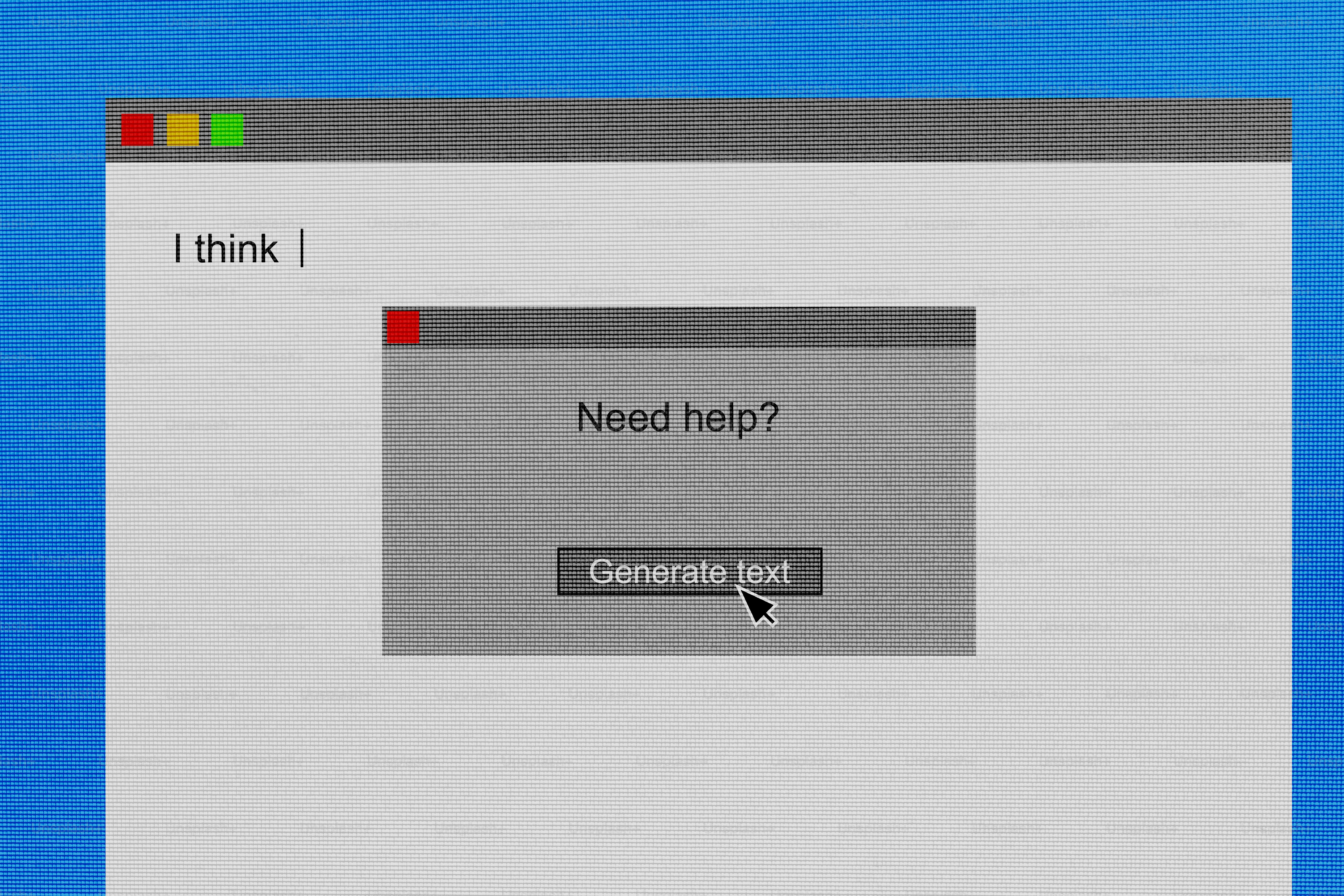 Computer screen with 'need help?' pop-up window.