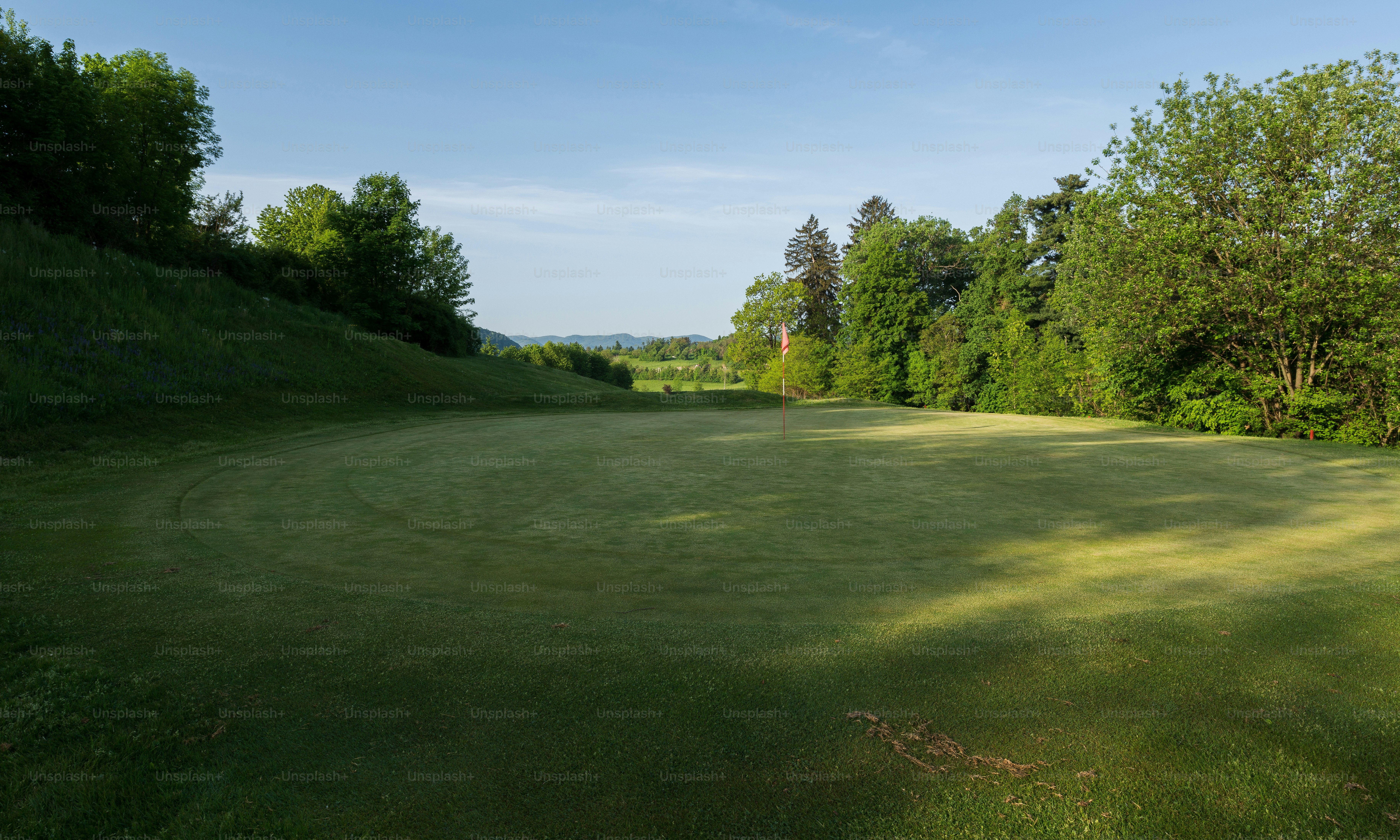 Fairway lapangan golf hijau dengan pepohonan dan langit biru