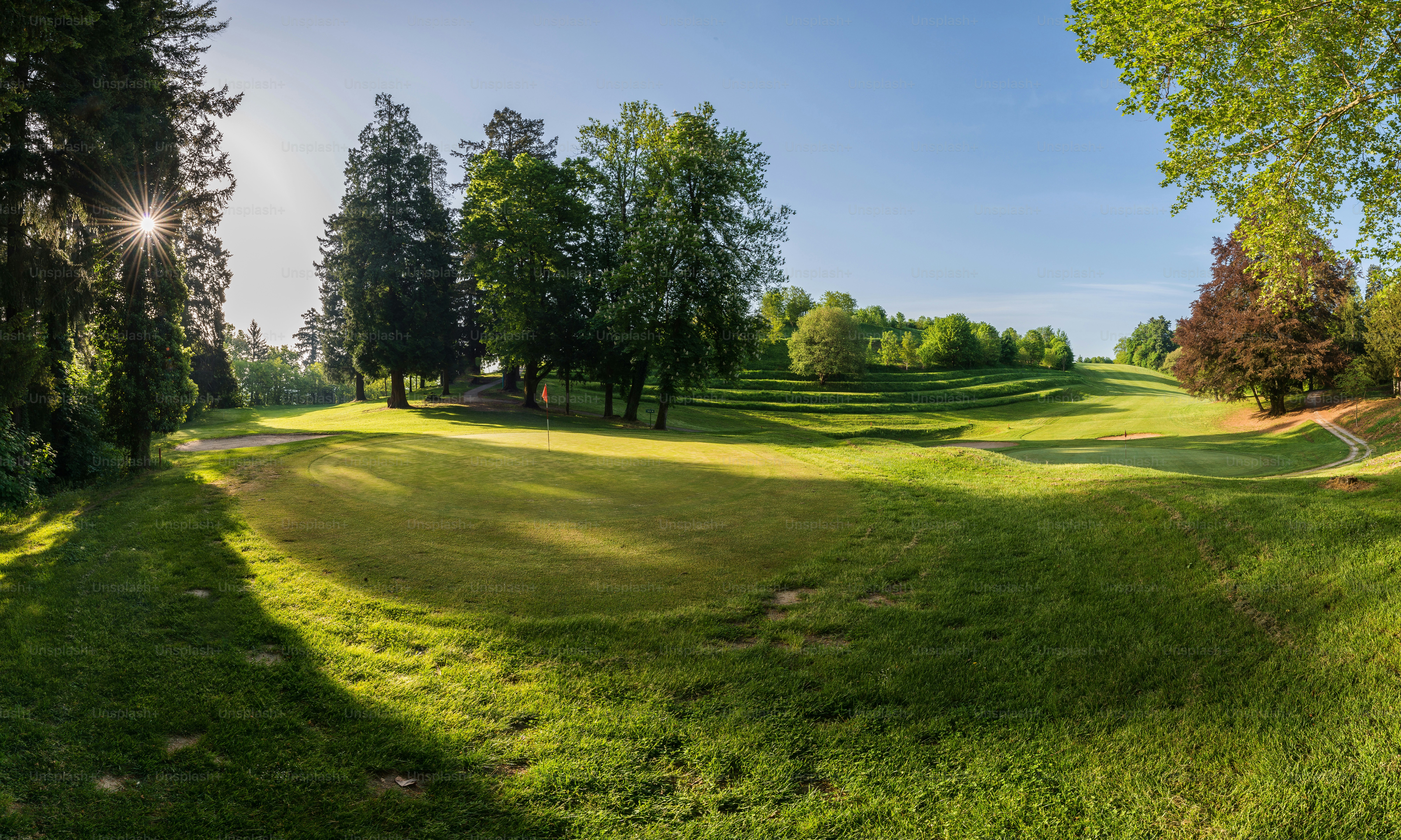 Lapangan golf yang cerah dengan rumput hijau dan pepohonan yang subur.