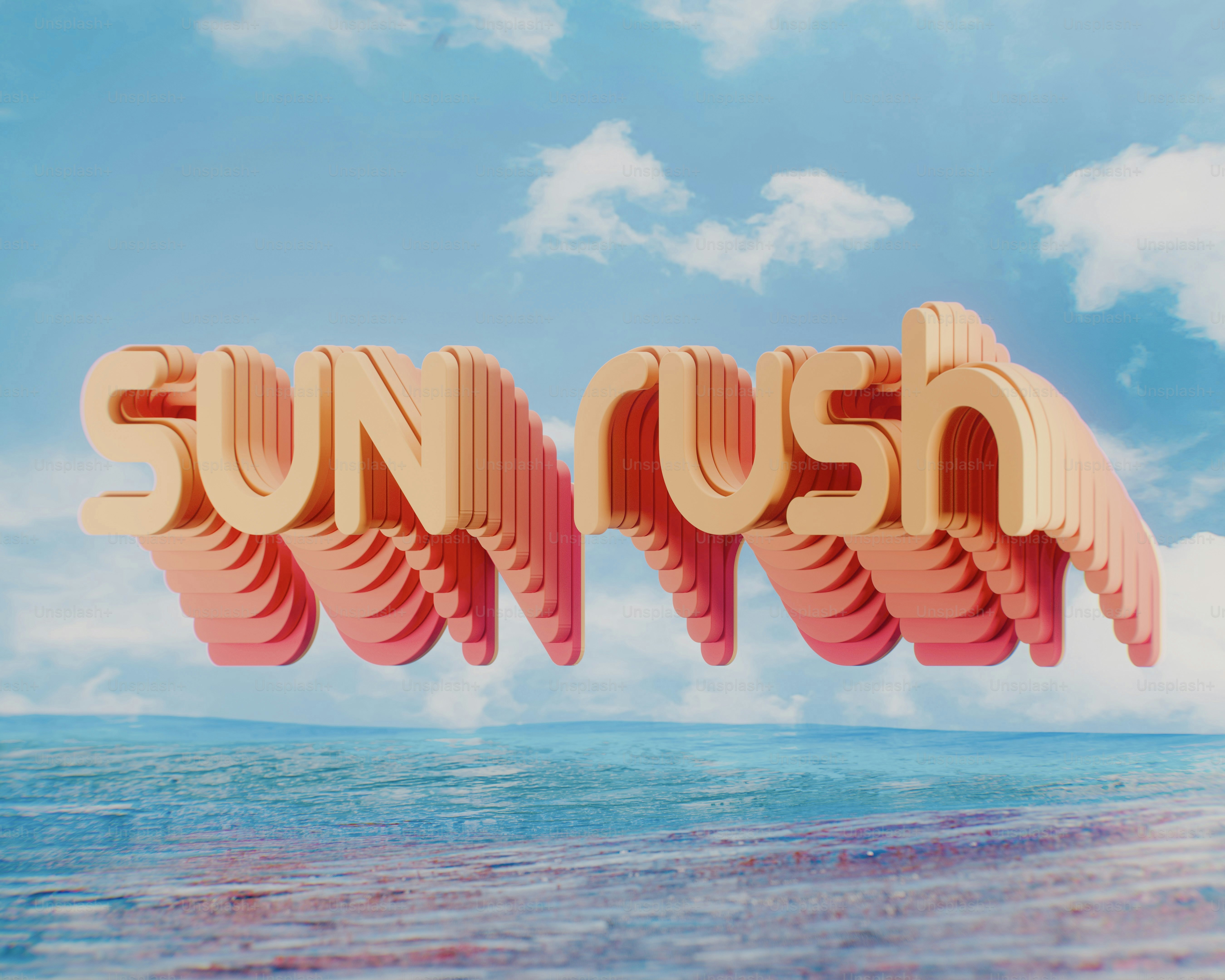 3D text reads sun rush over ocean and sky